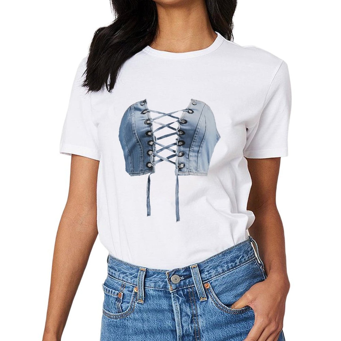 Inkmay Casual Cotton T-shirt Denim Material With Lace Up Design Unisex T-shirtShrink-Resistant Fade-Proof T-Shirt