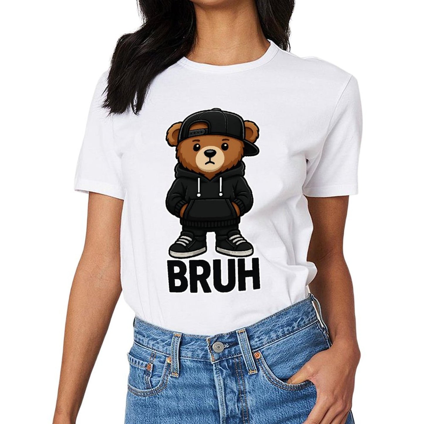Inkmay Casual Cotton T-shirt Bruh Bear Wearing Black Streetwear Unisex T-shirtBatch-Printed ClassicLine T-Shirt
