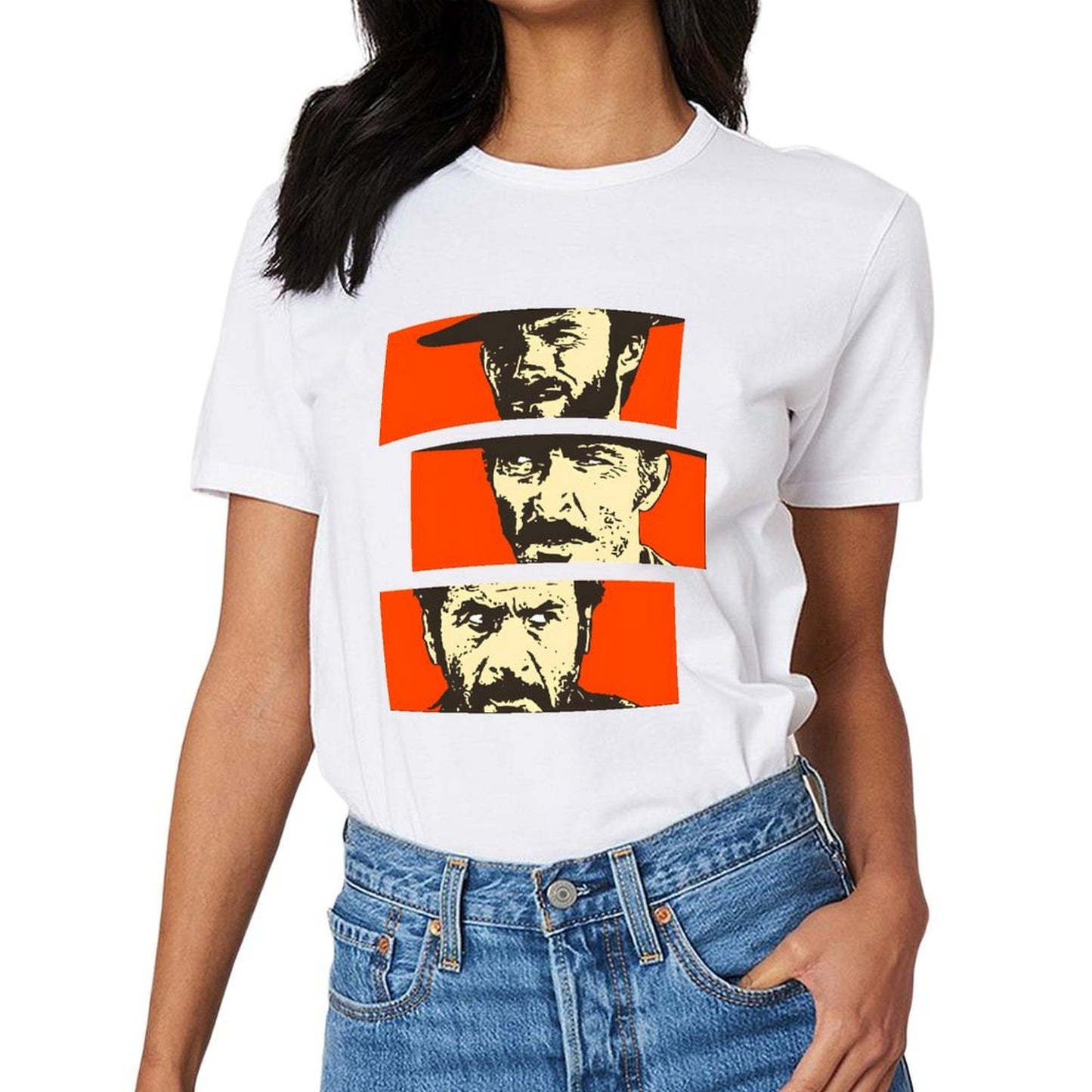 Inkmay Casual Cotton T-shirt Bold Orange Background With Face Prints Unisex T-shirtPocket Tee Relaxed T-Shirt