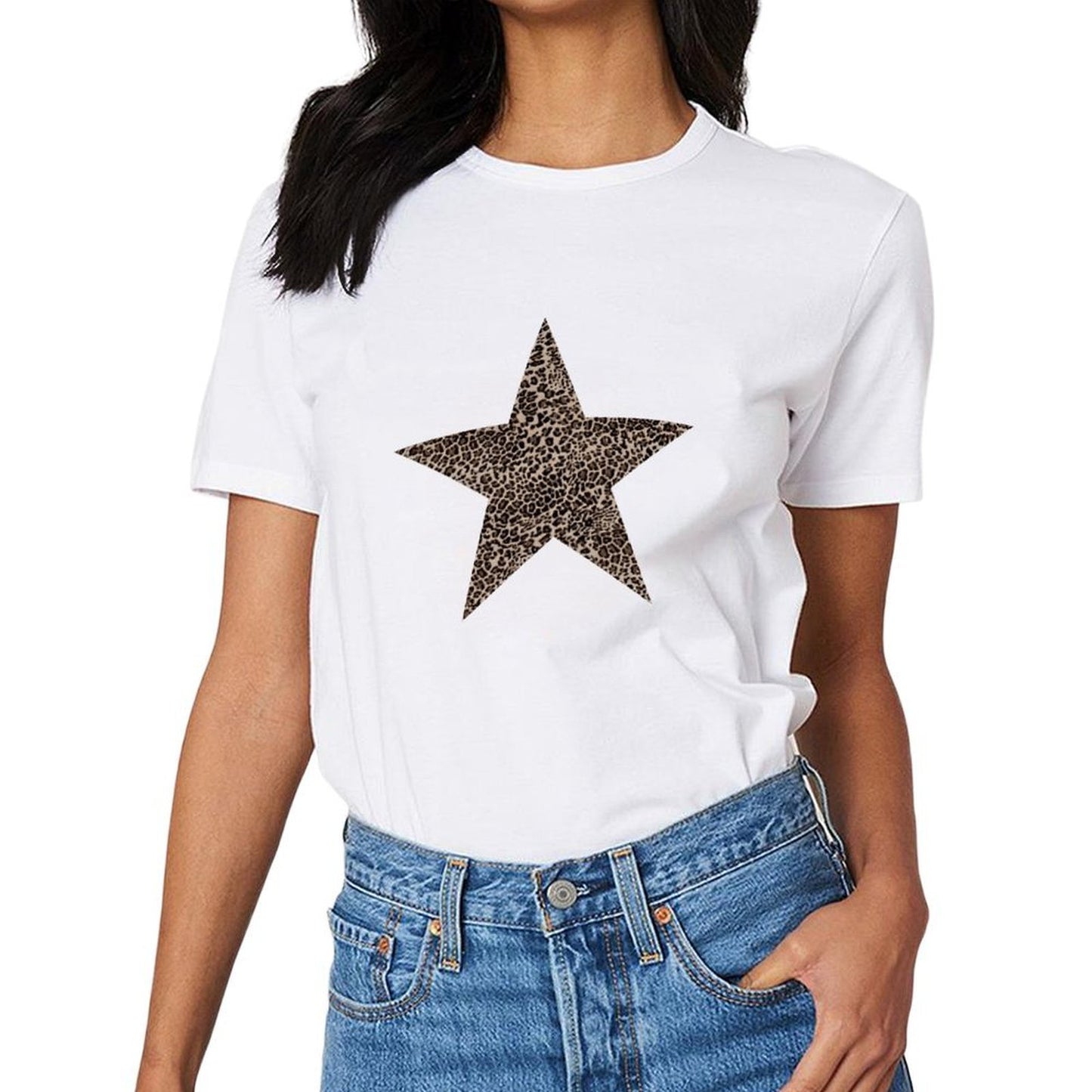 Inkmay Casual Cotton T-shirt Leopard Print Star On Striped Background Unisex T-shirtSmooth Feel Plain T-Shirt