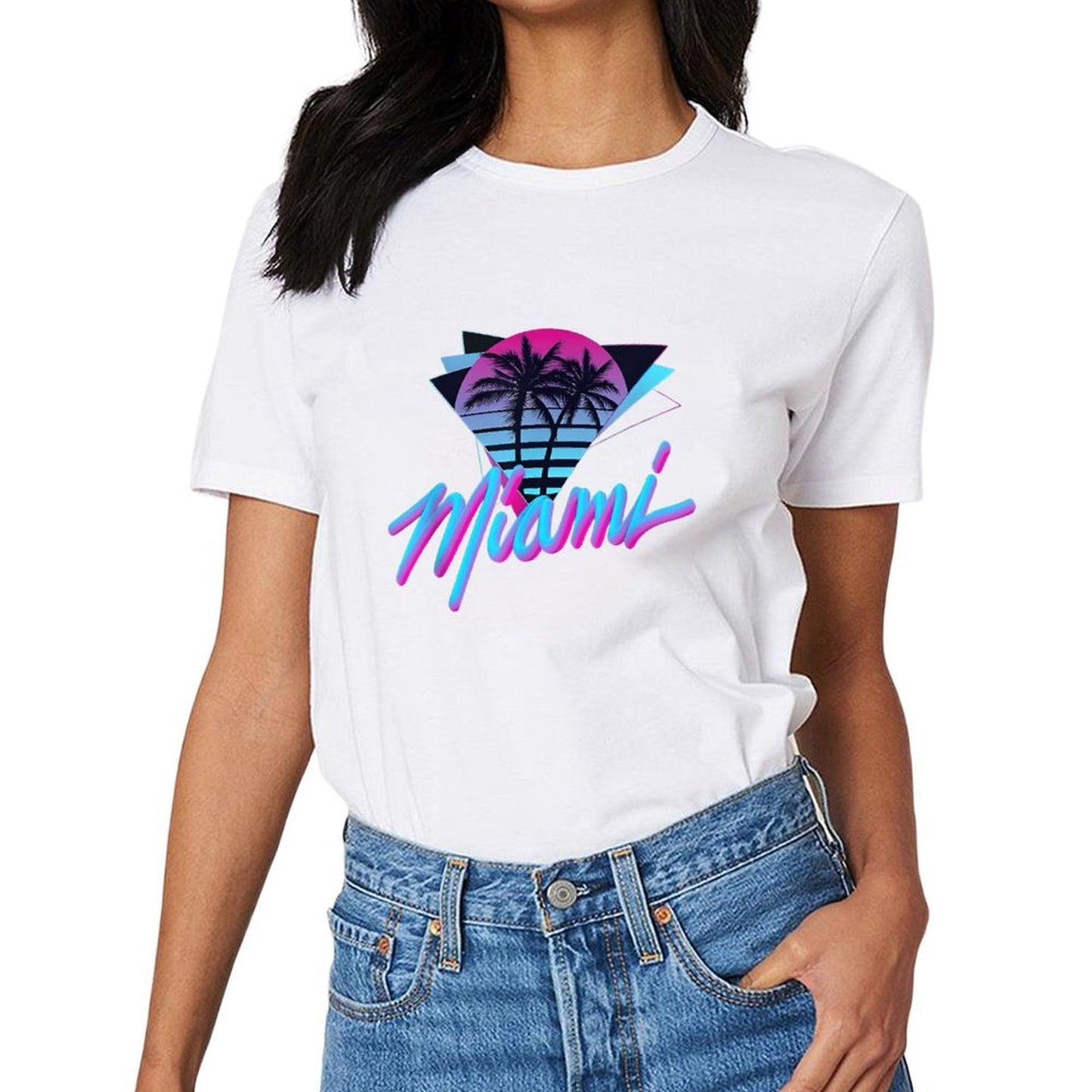 Inkmay Casual Cotton T-shirt Miami Sunset Palm Trees Art Print Unisex T-shirtSmooth Feel TrueFit T-Shirt