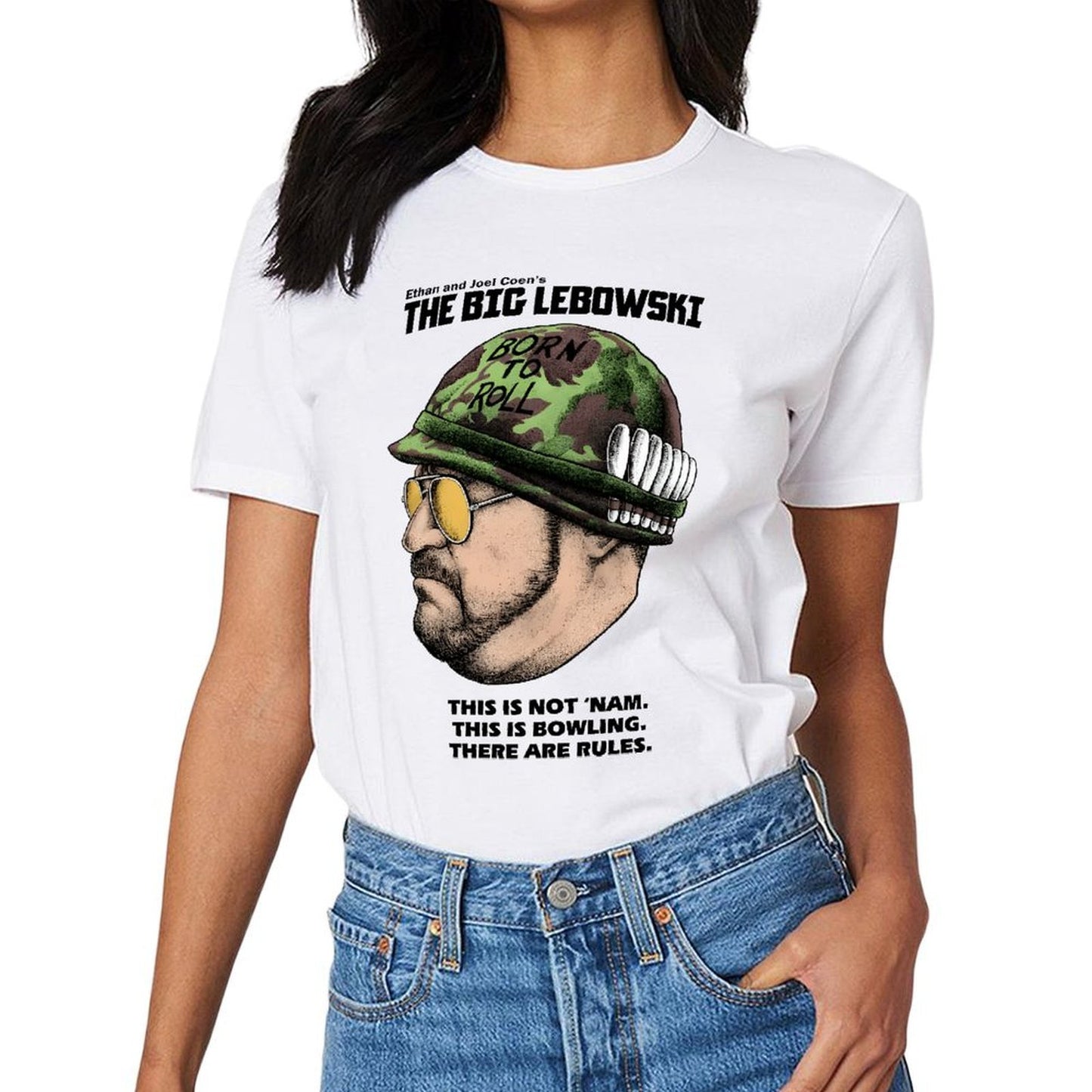 Inkmay Casual Cotton T-shirt Camouflage Pattern With Born To Roll Unisex T-shirtRetro Fitted T-Shirt