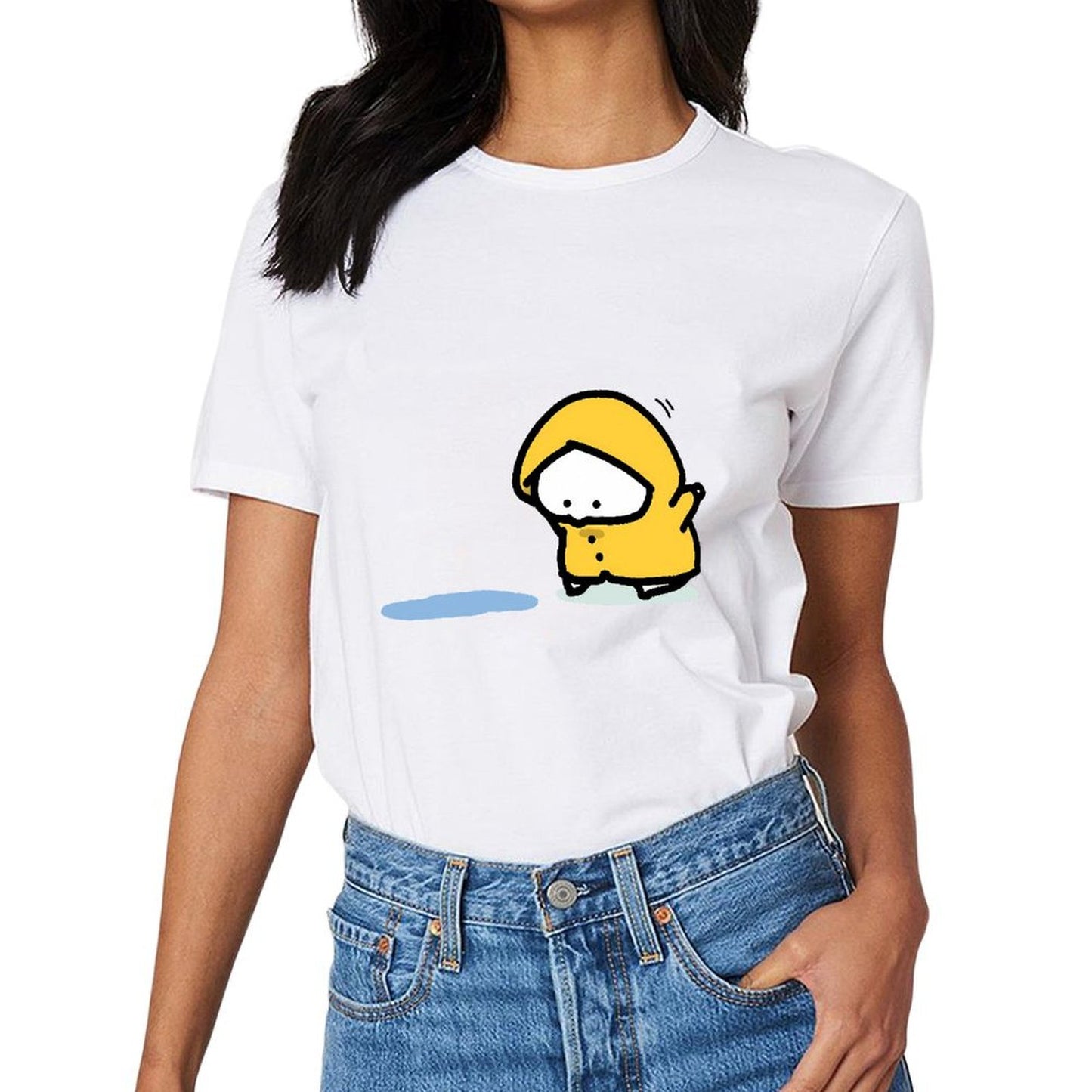 Inkmay Casual Cotton T-shirt Yellow Duck Wearing Raincoat On Black Unisex T-shirtRegular Pure T-Shirt