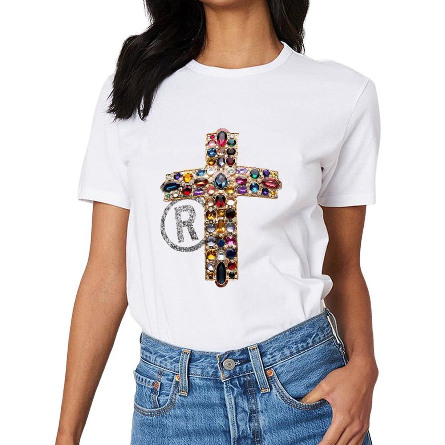 Inkmay Casual Cotton T-shirt Elegant Cross With Gemstones And Rhinestones Unisex T-shirtEco / Sustainable EverydayWear T-Shirt