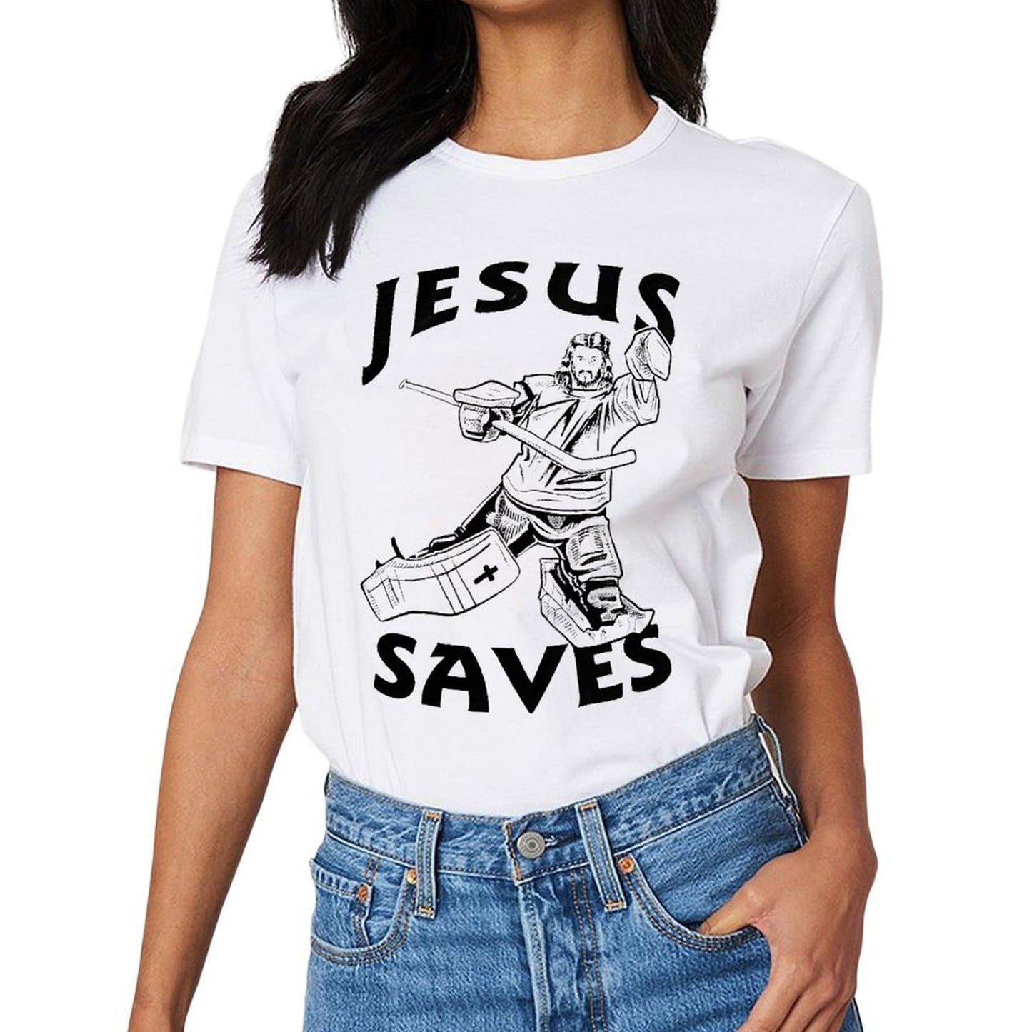 Inkmay Casual Cotton T-shirt Jesus Saves Hockey Goalie Pattern Print Unisex T-shirtClean Edges Outdoor T-Shirt