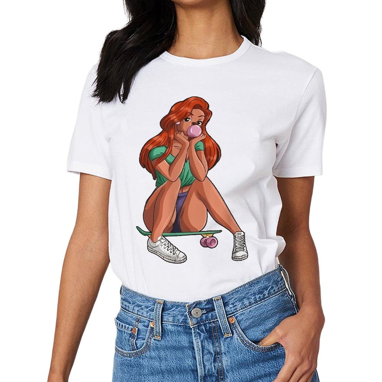 Inkmay Casual Cotton T-shirt Girl Sitting On Skateboard Blowing Bubble Unisex T-shirtSmooth Feel Modern T-Shirt