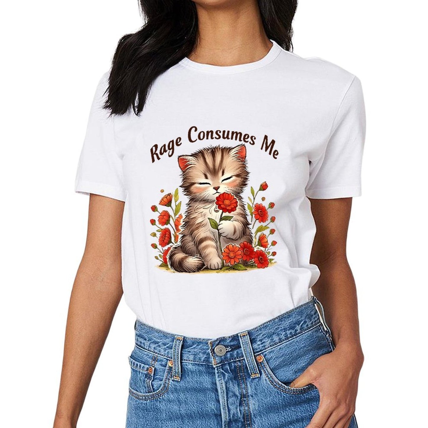 Inkmay Casual Cotton T-shirt Cute Kitten Among Red Flowers Unisex T-shirtCoreLine StreetStyle T-Shirt