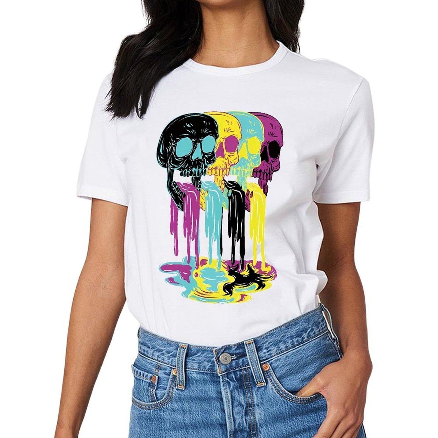 Inkmay Casual Cotton T-shirt Colorful Skulls With Dripping Paint Effects Unisex T-shirtActiveWear ComfortFit T-Shirt