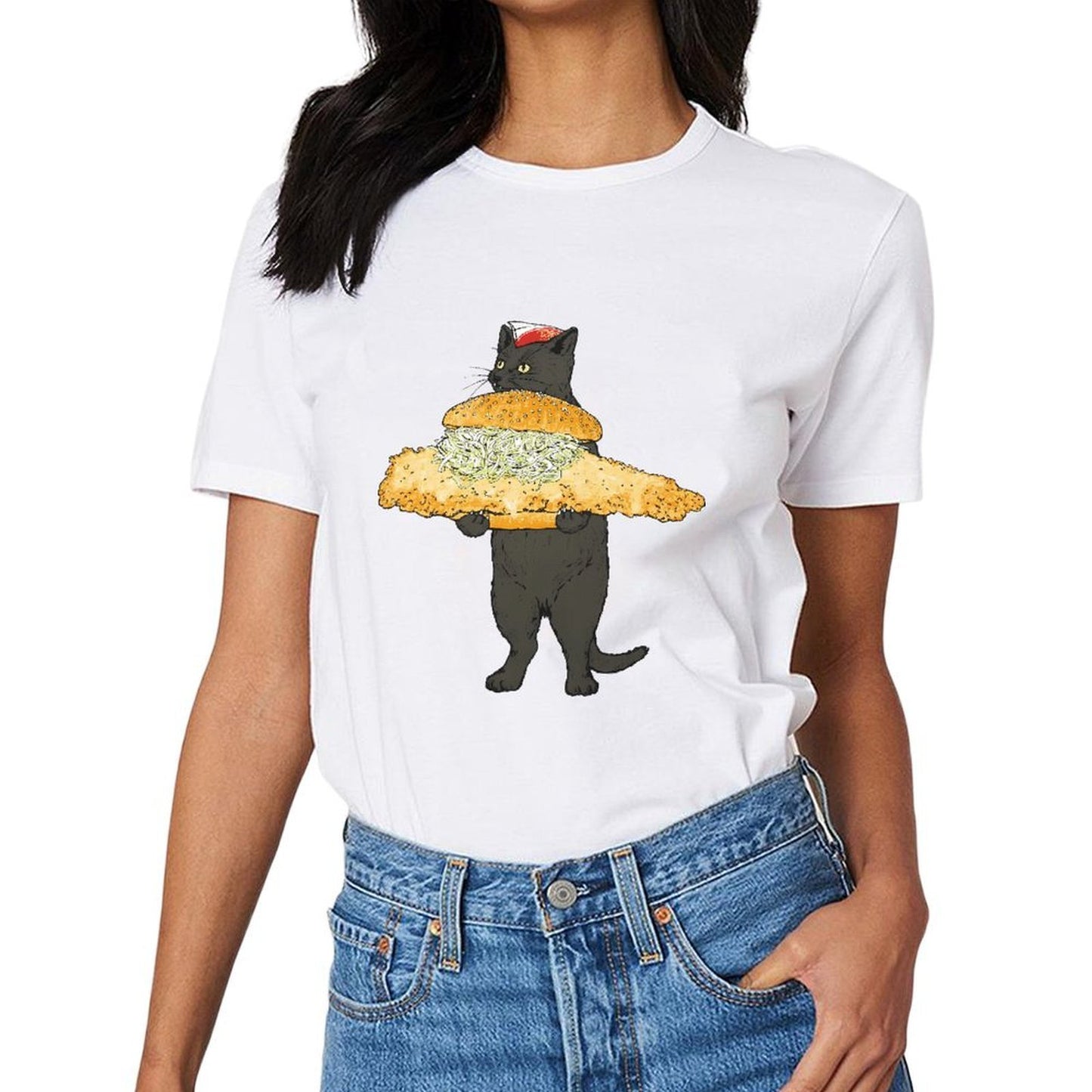 Inkmay Casual Cotton T-shirt Cat Holding Giant Sandwich With Toppings Unisex T-shirtAllSeason StreetLine T-Shirt
