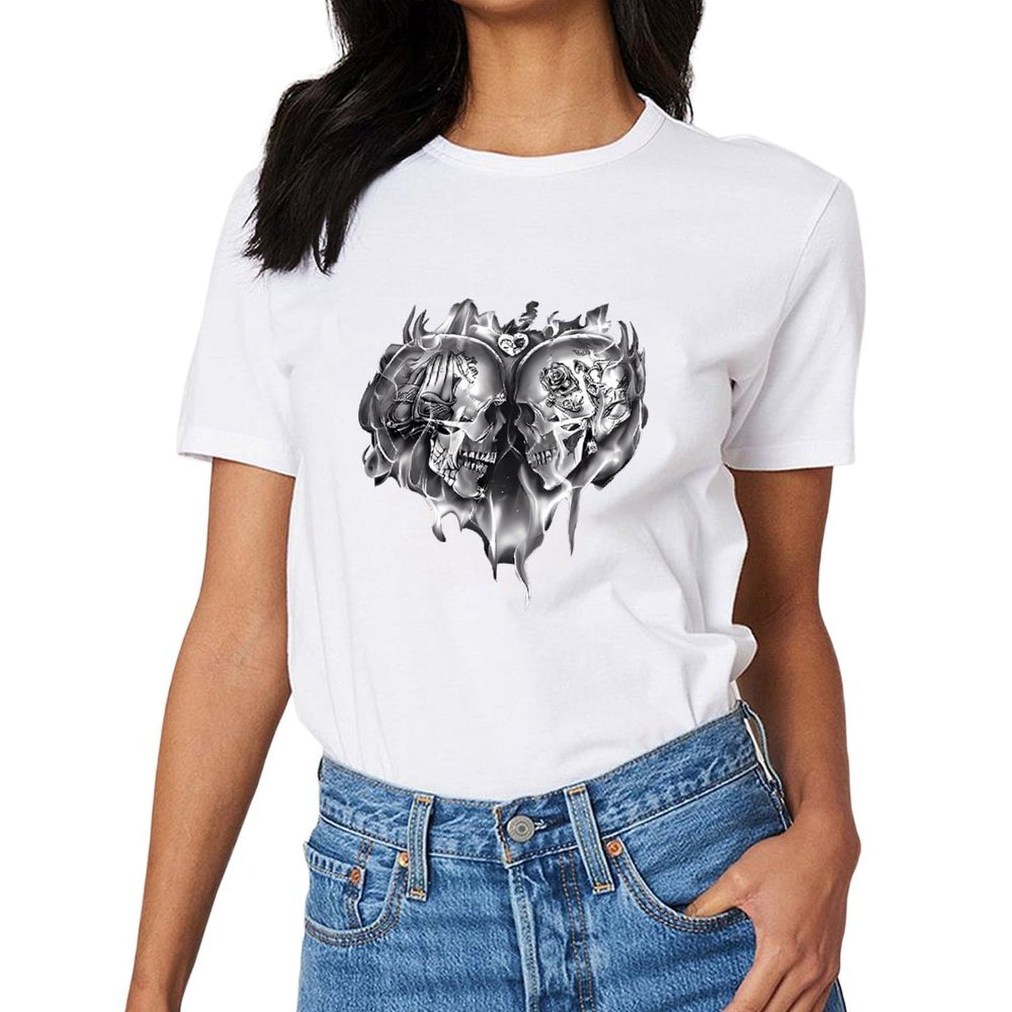 Inkmay Casual Cotton T-shirt Skull Flames Heart Design Art Print Unisex T-shirtSignature Weekend T-Shirt