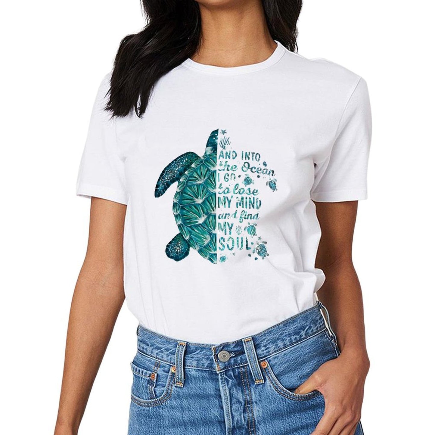 Inkmay Casual Cotton T-shirt Blue Turtle With Glass Beads Unisex T-shirtCrewneck Modern T-Shirt