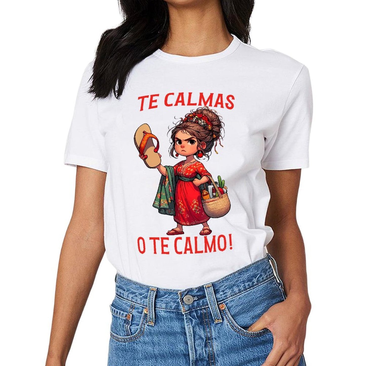 Inkmay Casual Cotton T-shirt Red Floral Dress With Green Scarf Unisex T-shirtMidweight EverydayTee T-Shirt