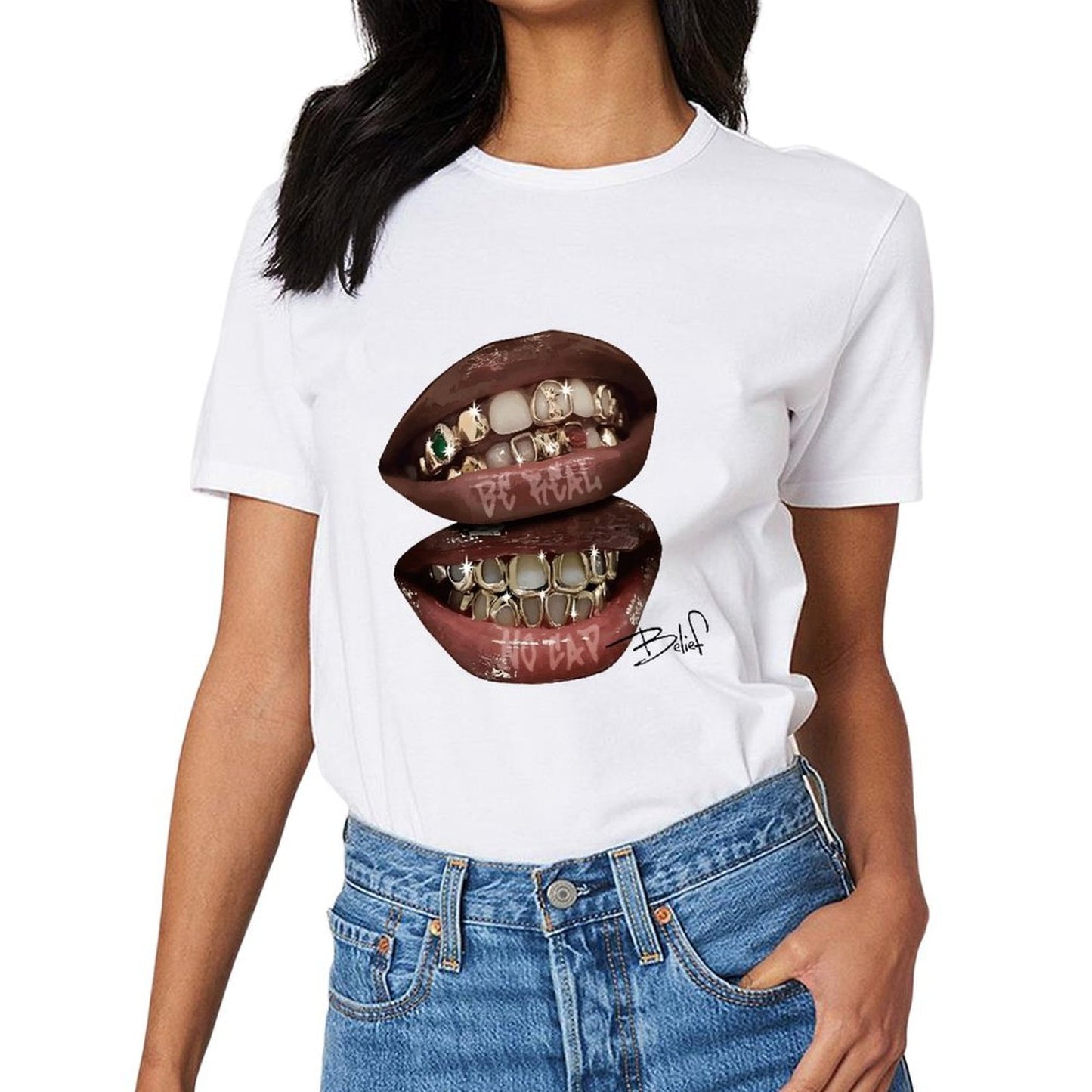 Inkmay Casual Cotton T-shirt Golden Teeth With Shiny Gems Embedded Unisex T-shirtLightweight Chill T-Shirt