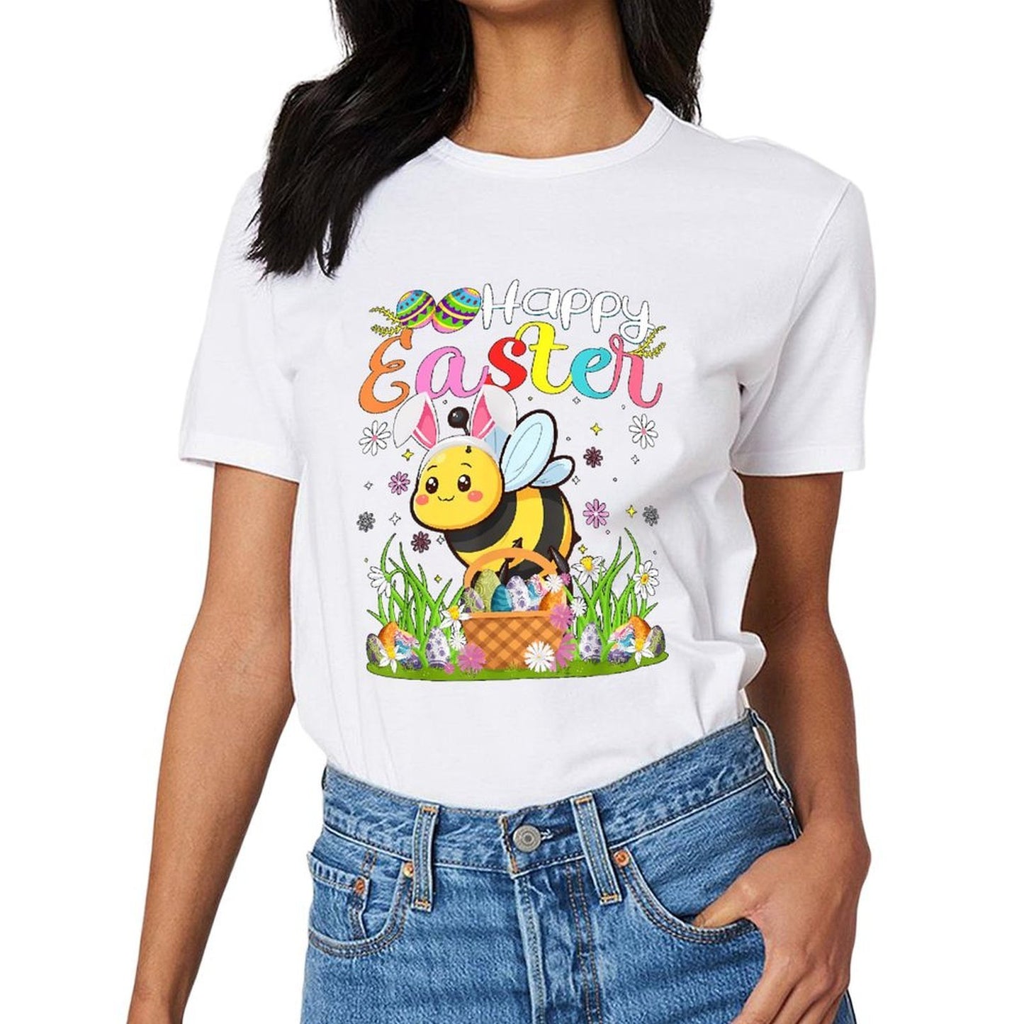 Inkmay Casual Cotton T-shirt Happy Easter Bee With Eggs Unisex T-shirtPure Classic Fit T-Shirt