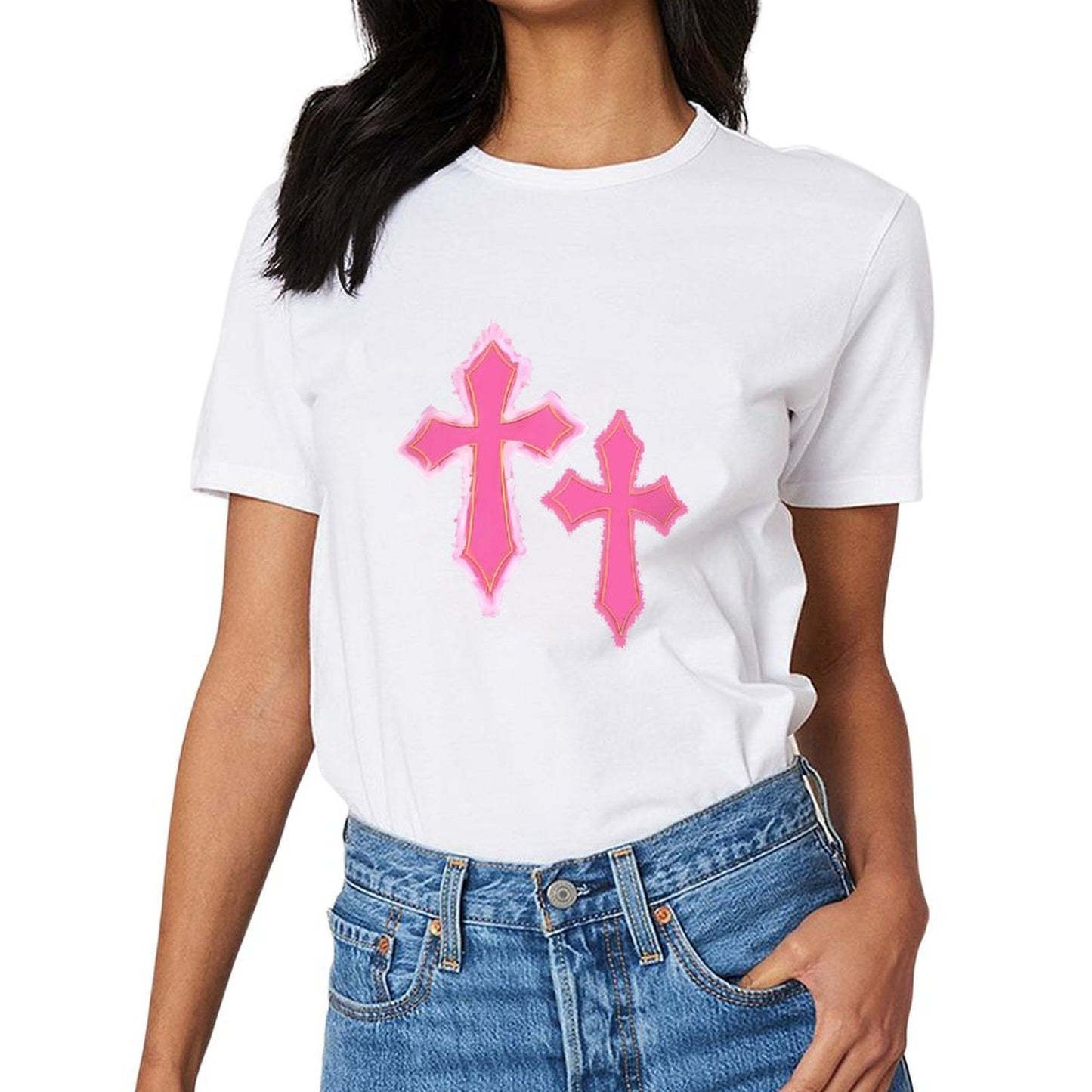 Inkmay Casual Cotton T-shirt Pink Crosses With Fuzzy Edges Unisex T-shirtStudio TimelessStyle T-Shirt