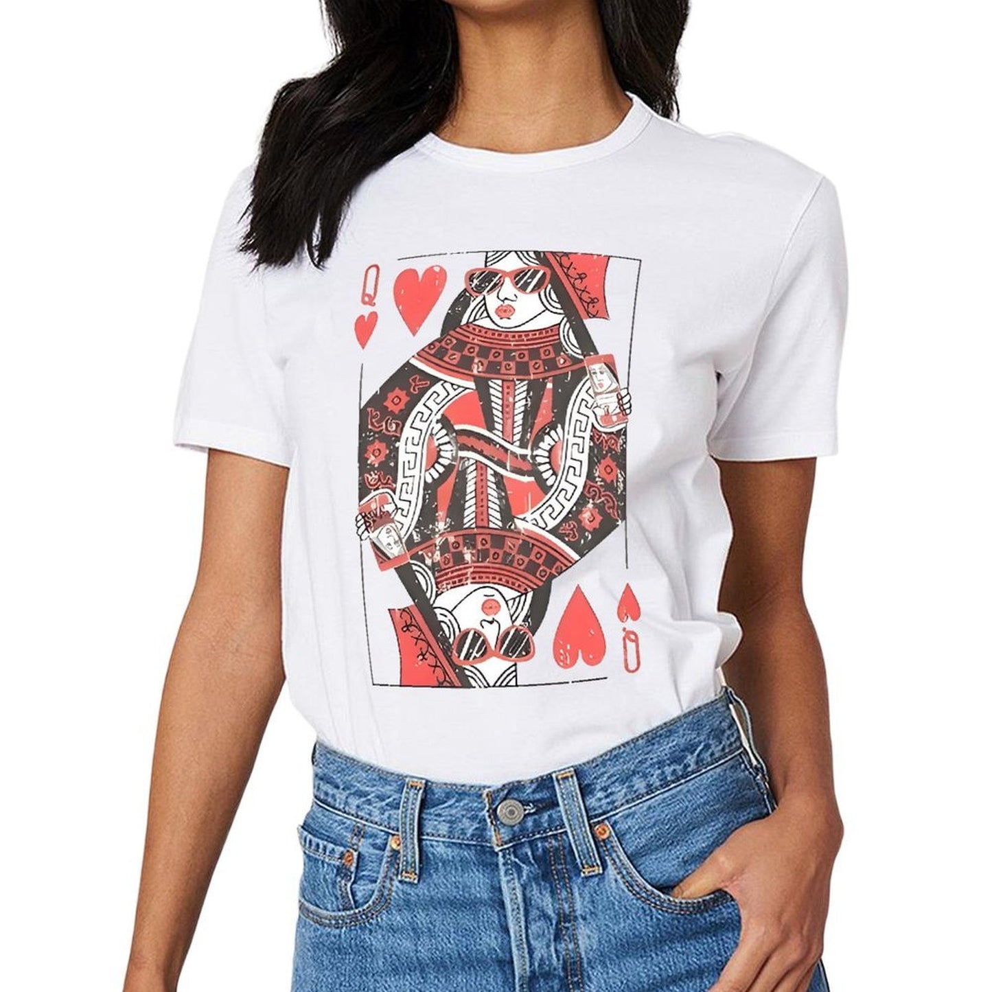 Inkmay Casual Cotton T-shirt Queen Of Hearts Playing Card Design Unisex T-shirtTear-Resistant EasyWear T-Shirt