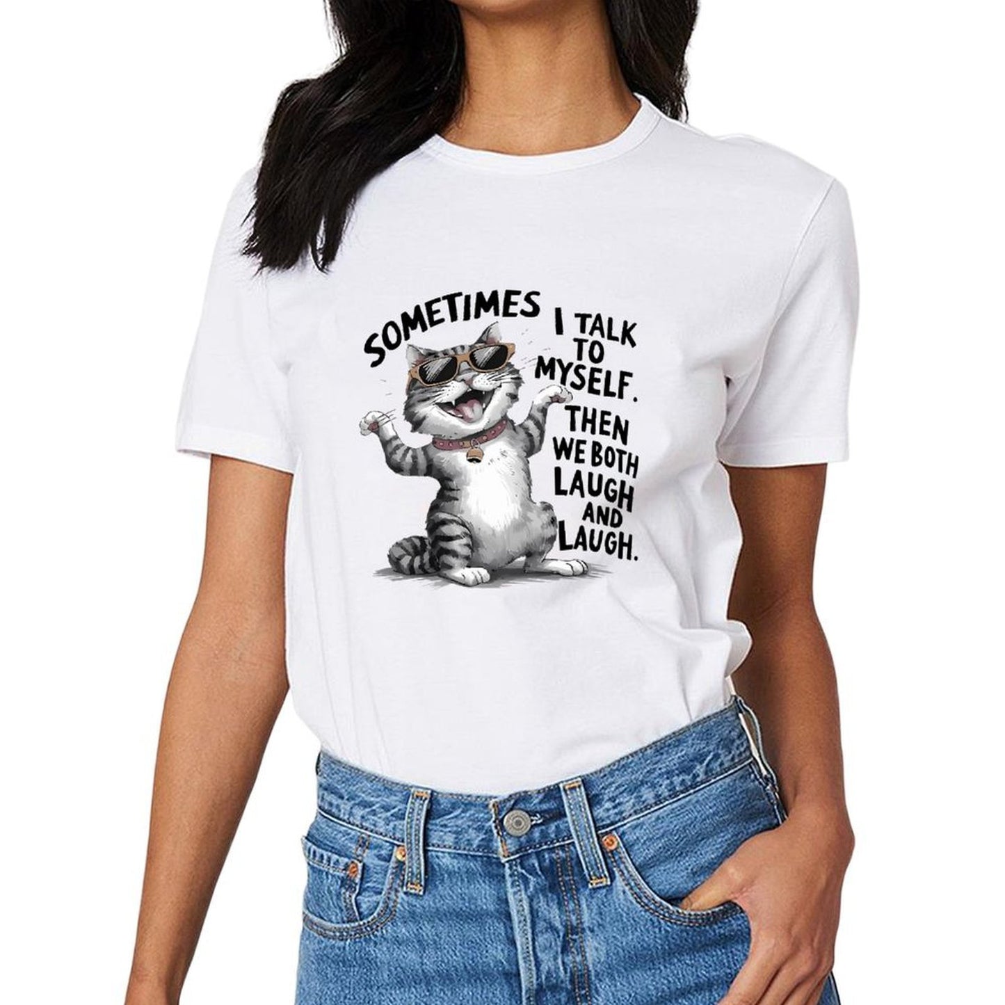 Inkmay Casual Cotton T-shirt Cool Cat Wearing Sunglasses And Collar Unisex T-shirtPure Midweight T-Shirt