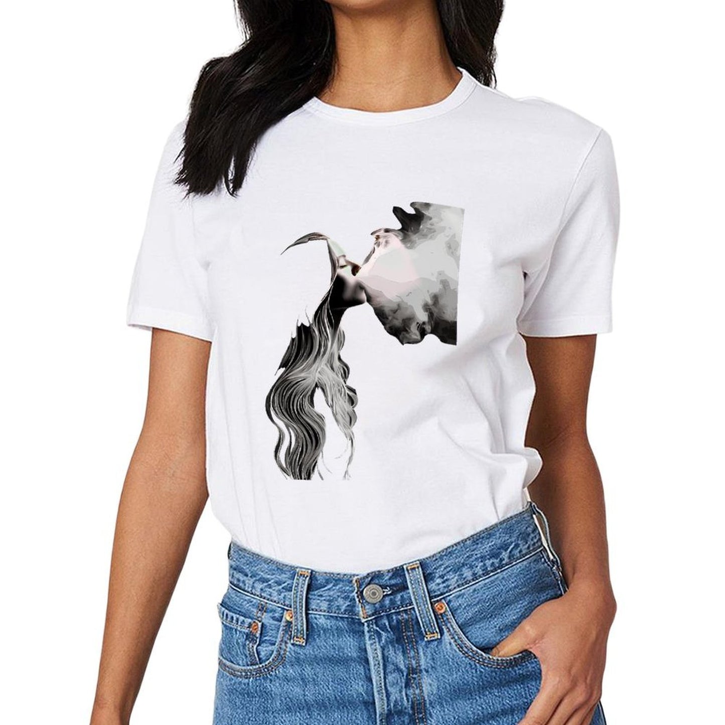 Inkmay Casual Cotton T-shirt Abstract Woman With Smoke Surrounding Her Unisex T-shirtShrink-Resistant Edition T-Shirt
