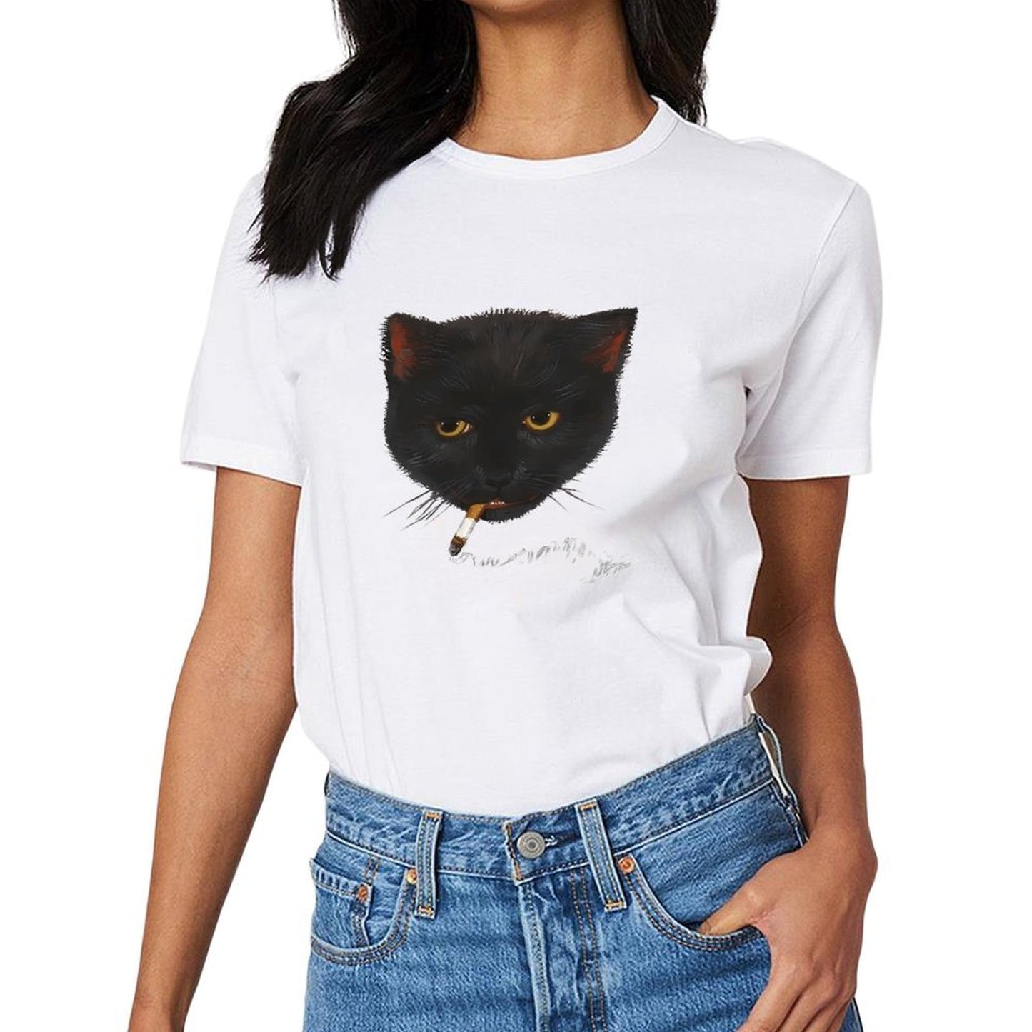 Inkmay Casual Cotton T-shirt Black Cat Smoking Cigarette Art Print Unisex T-shirtRetro Daily T-Shirt