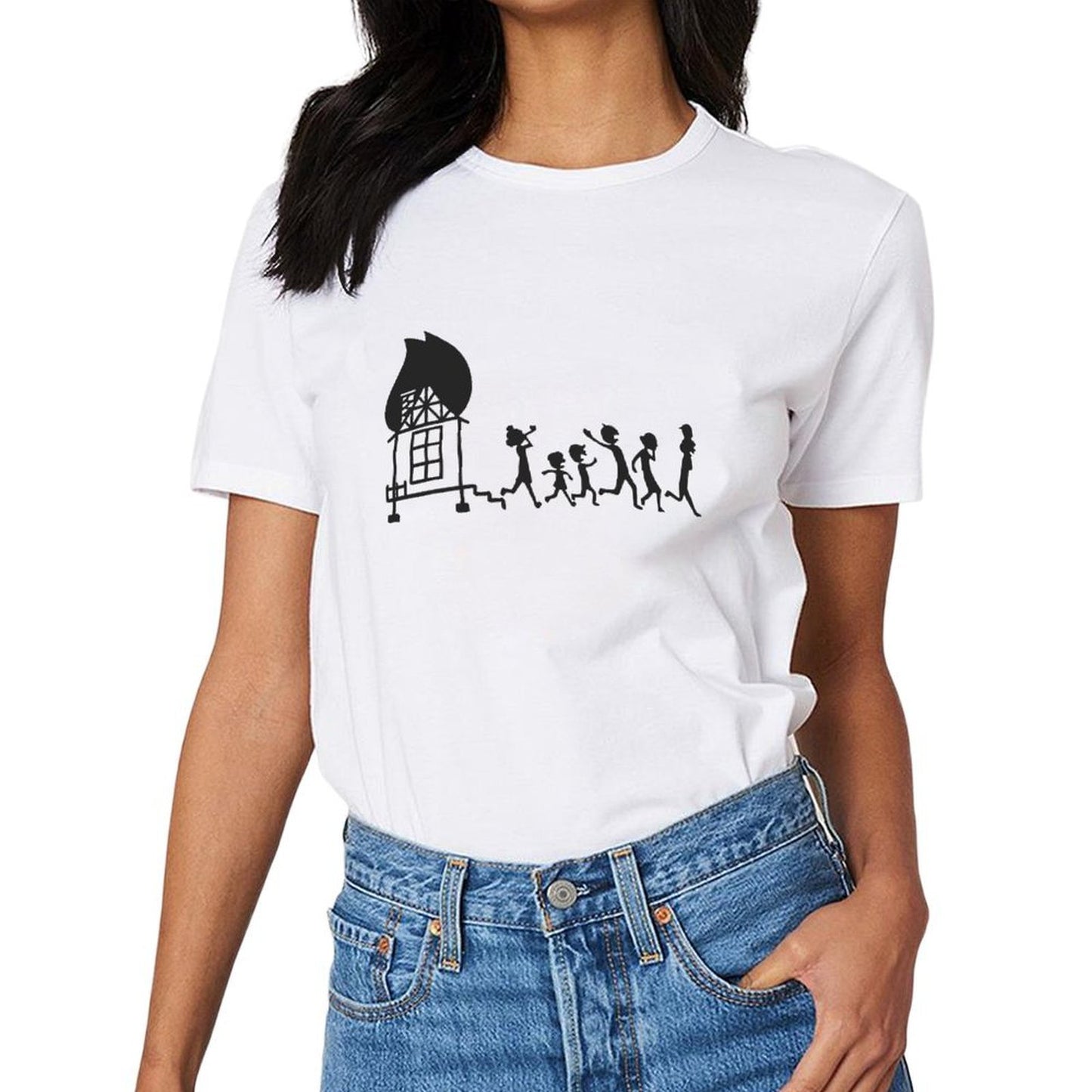 Inkmay Casual Cotton T-shirt Fire House Silhouette Running People Pattern Unisex T-shirtPocket Tee EasyWear T-Shirt