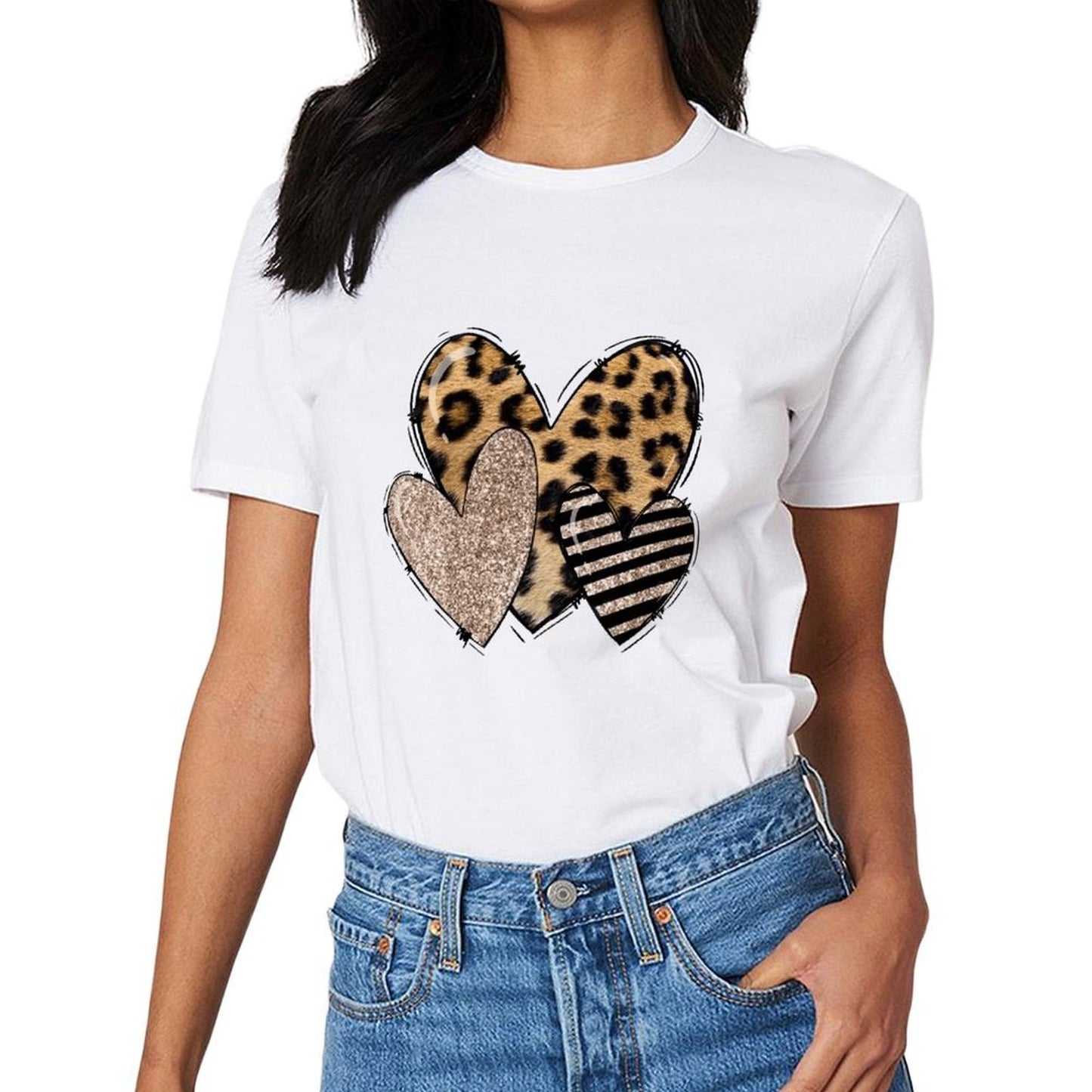 Inkmay Casual Cotton T-shirt Heart Shapes With Leopard And Glitter Unisex T-shirtSmooth Feel SimpleFit T-Shirt