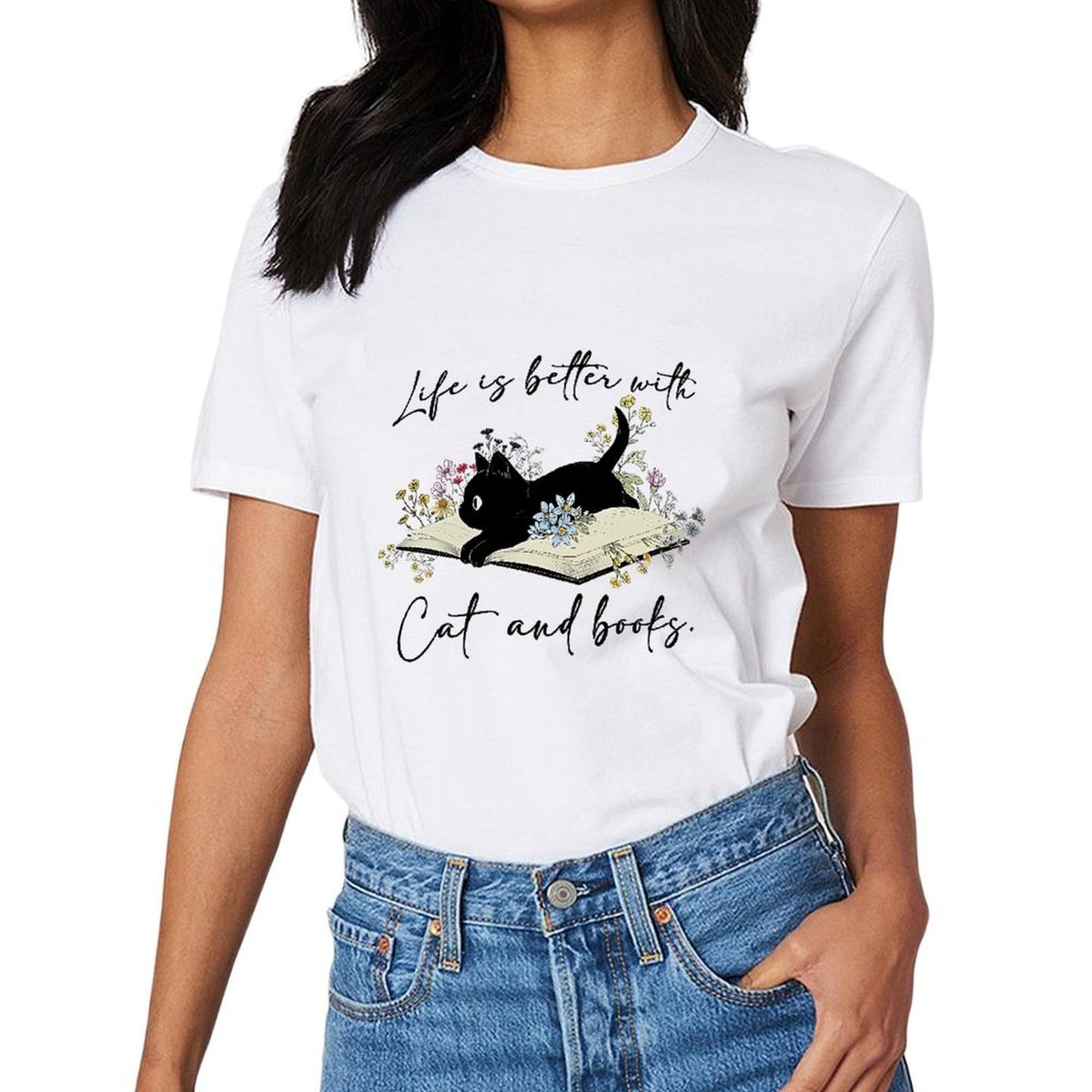 Inkmay Casual Cotton T-shirt Cat Reading Book Among Flowers Art Unisex T-shirtStandard Pure T-Shirt