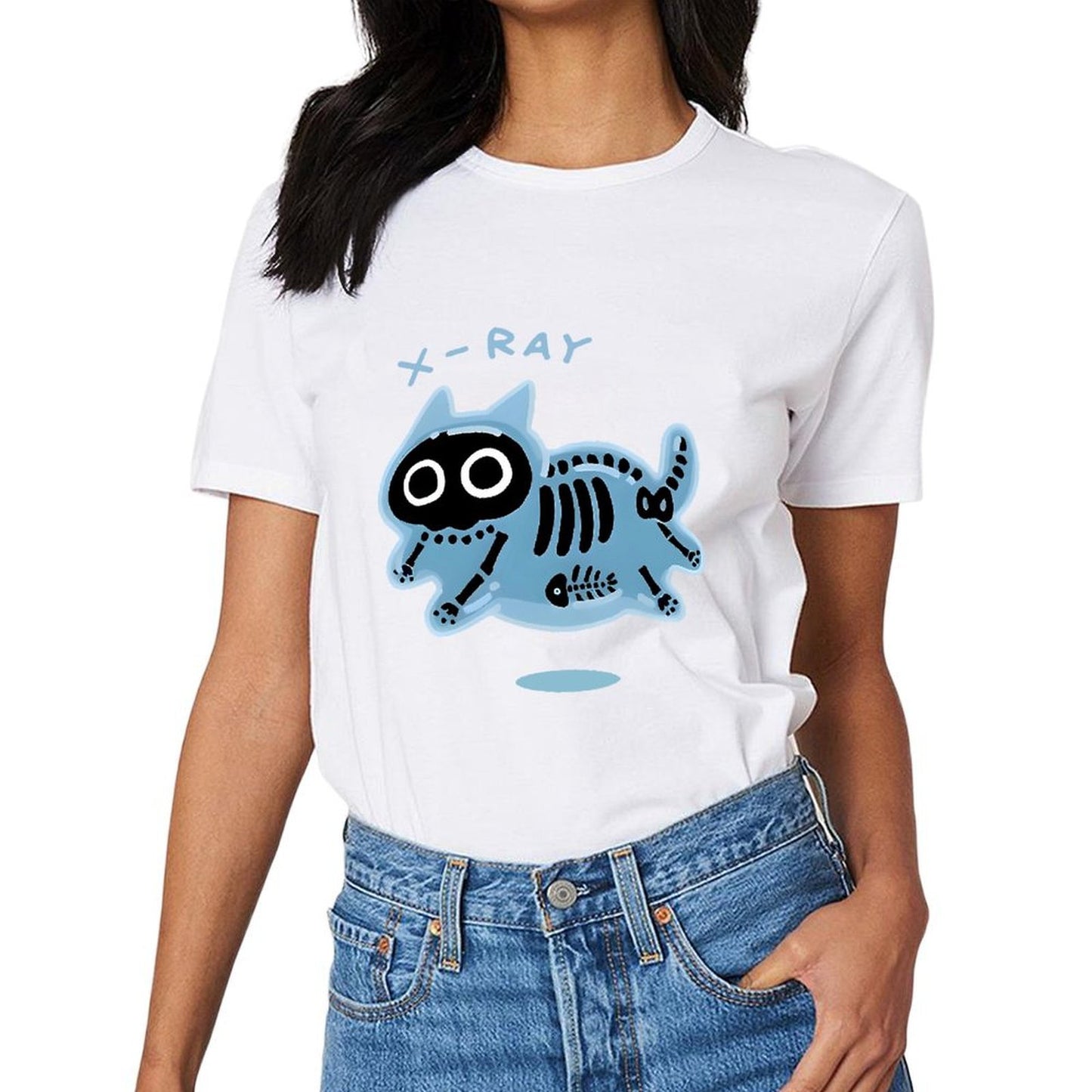 Inkmay Casual Cotton T-shirt Blue Cat Skeleton Print Design Art Unisex T-shirtSmooth Design-Your-Own T-Shirt