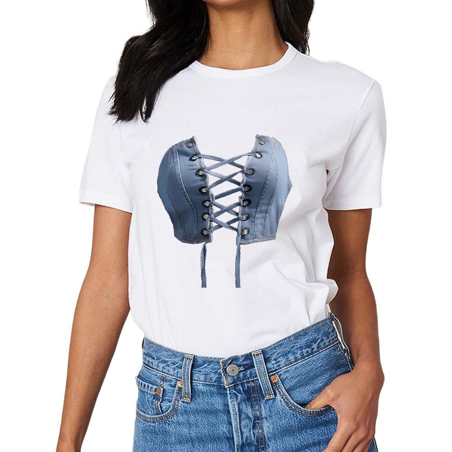 Inkmay Casual Cotton T-shirt Blue Satin Corset With Laceups Unisex T-shirtSimple Heavyweight T-Shirt