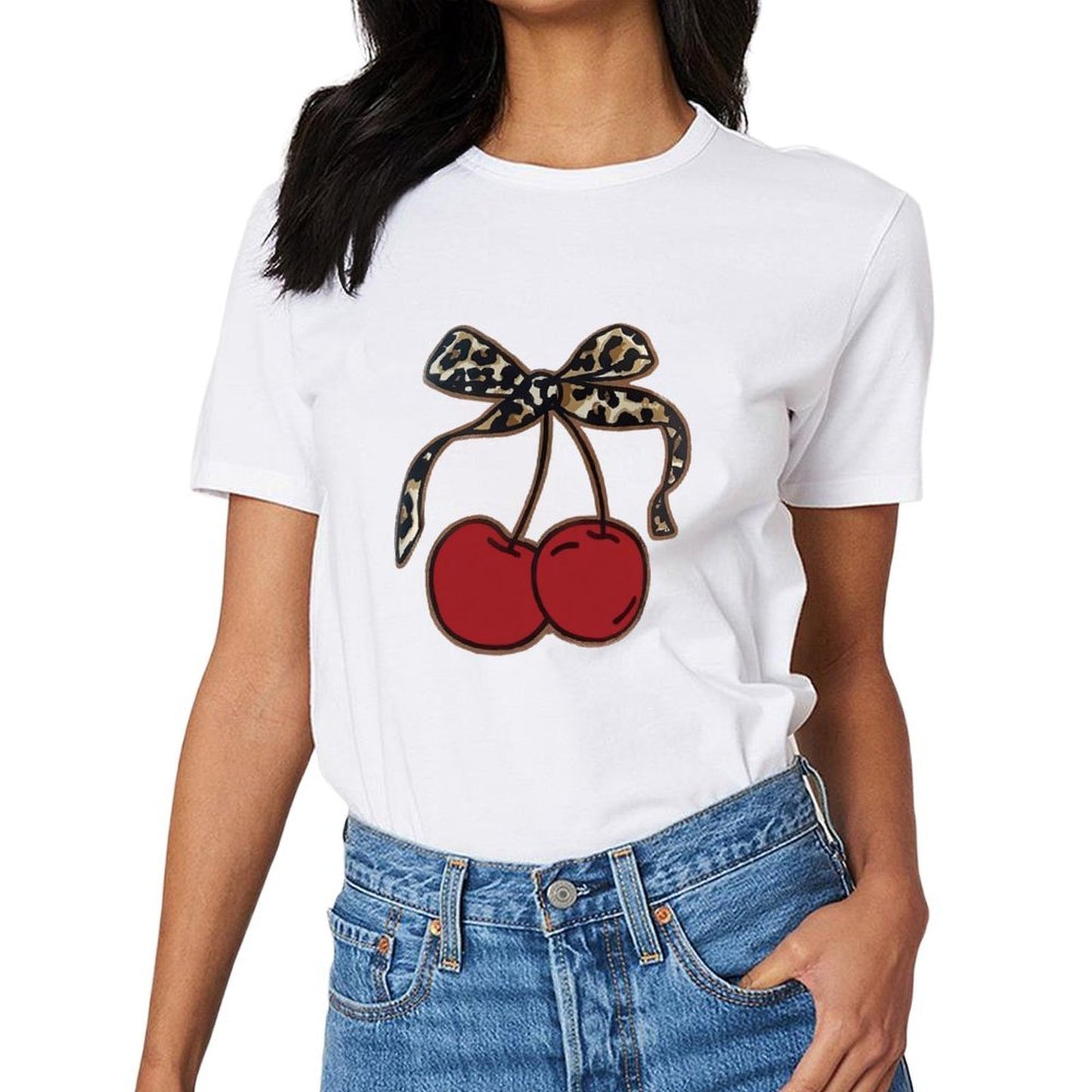 Inkmay Casual Cotton T-shirt Cherry Print With Leopard Pattern Design Unisex T-shirtYearRound Basic T-Shirt