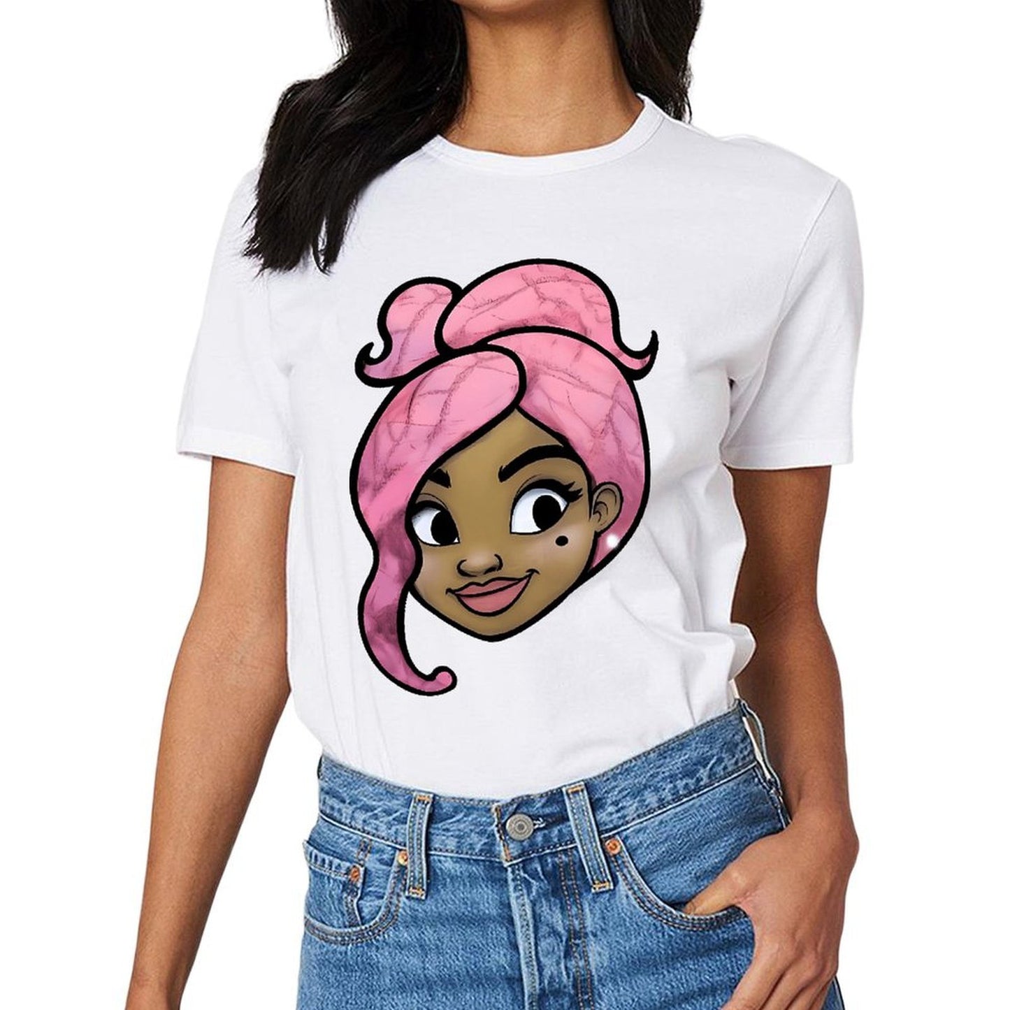 Inkmay Casual Cotton T-shirt Pink Hair With Swirls And Highlights Unisex T-shirtDaily ClassicSeries T-Shirt