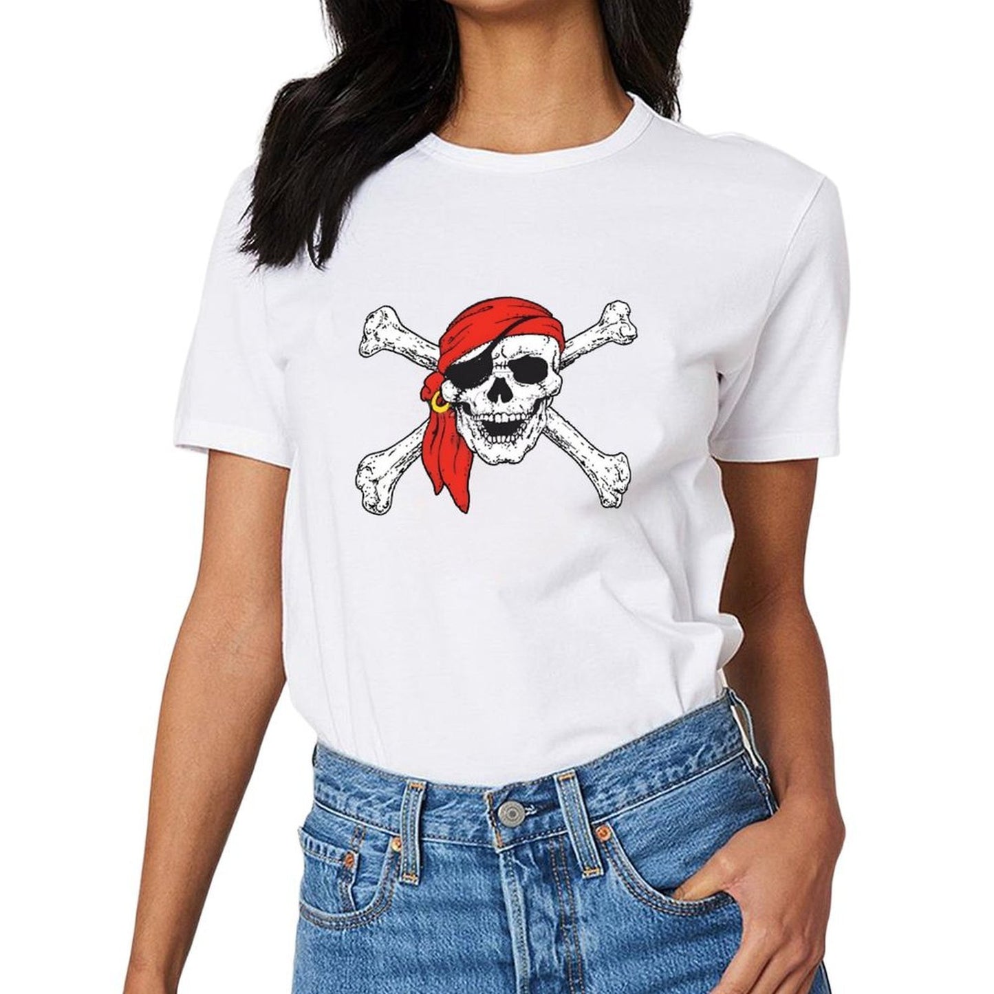 Inkmay Casual Cotton T-shirt Pirate Skull With Red Bandana Crossbones Unisex T-shirtNeat Clean T-Shirt