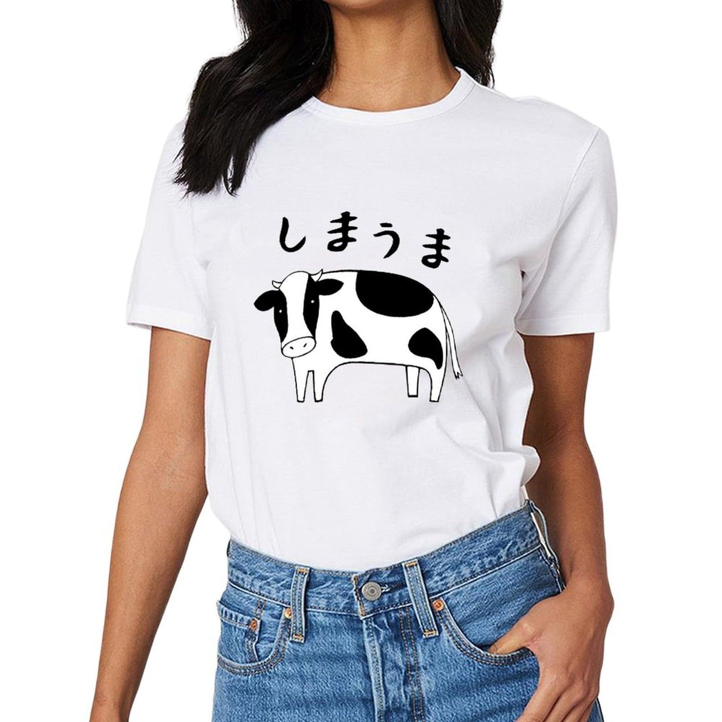 Inkmay Casual Cotton T-shirt Cow Print With Black Spots Unisex T-shirtClassic Design-Your-Own T-Shirt