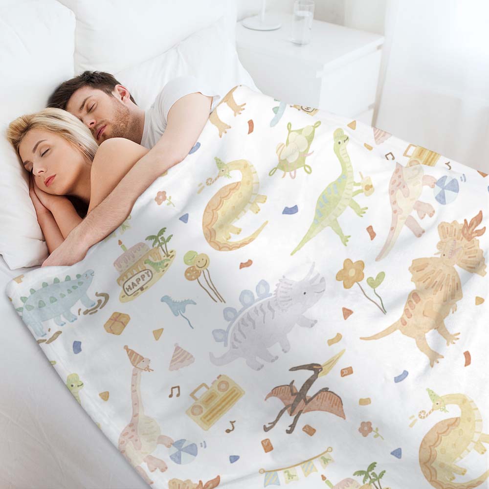 Dinosaur Print Blanket White with Multicolor Dinosaurs and Moon Pattern for Cozy Bedding