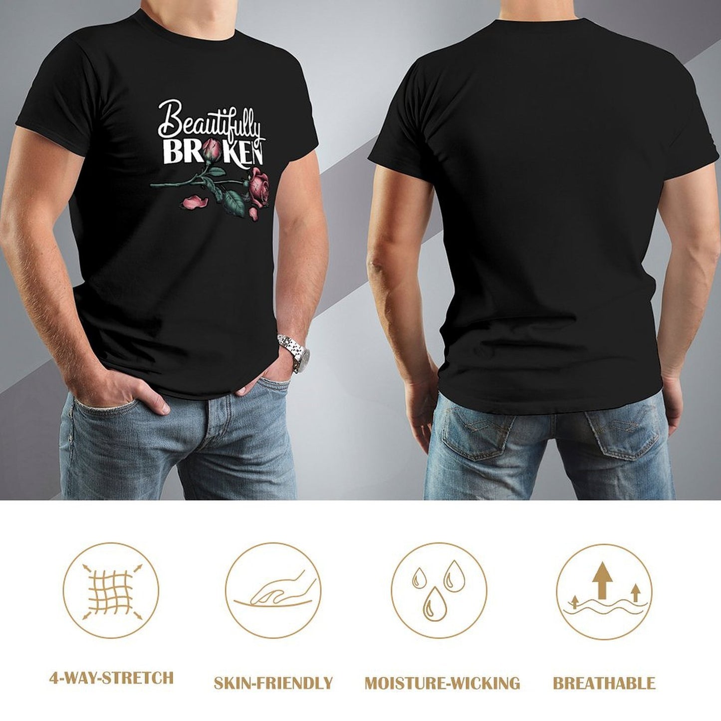 Inkmay Casual Cotton T-shirt Beautifully Broken Roses On Dark Background Unisex T-shirtClassic Fit Series T-Shirt