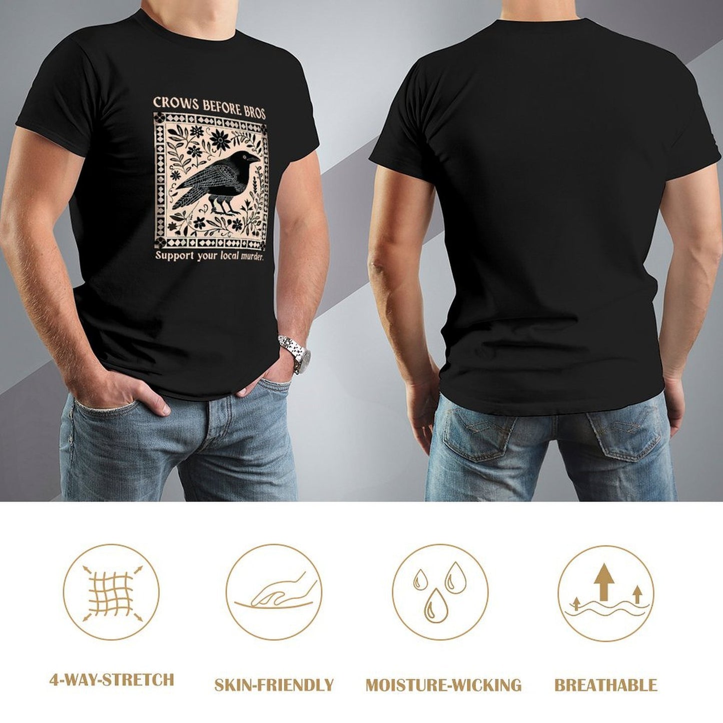 Inkmay Casual Cotton T-shirt Bird Floral Design On Beige Background Unisex T-shirtTrueFit Midweight T-Shirt
