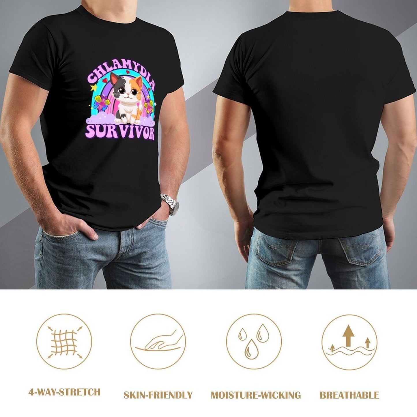 Inkmay Casual Cotton T-shirt Chlamydia Survivor Cat With Butterflies Design Unisex T-shirtEdition Refined T-Shirt