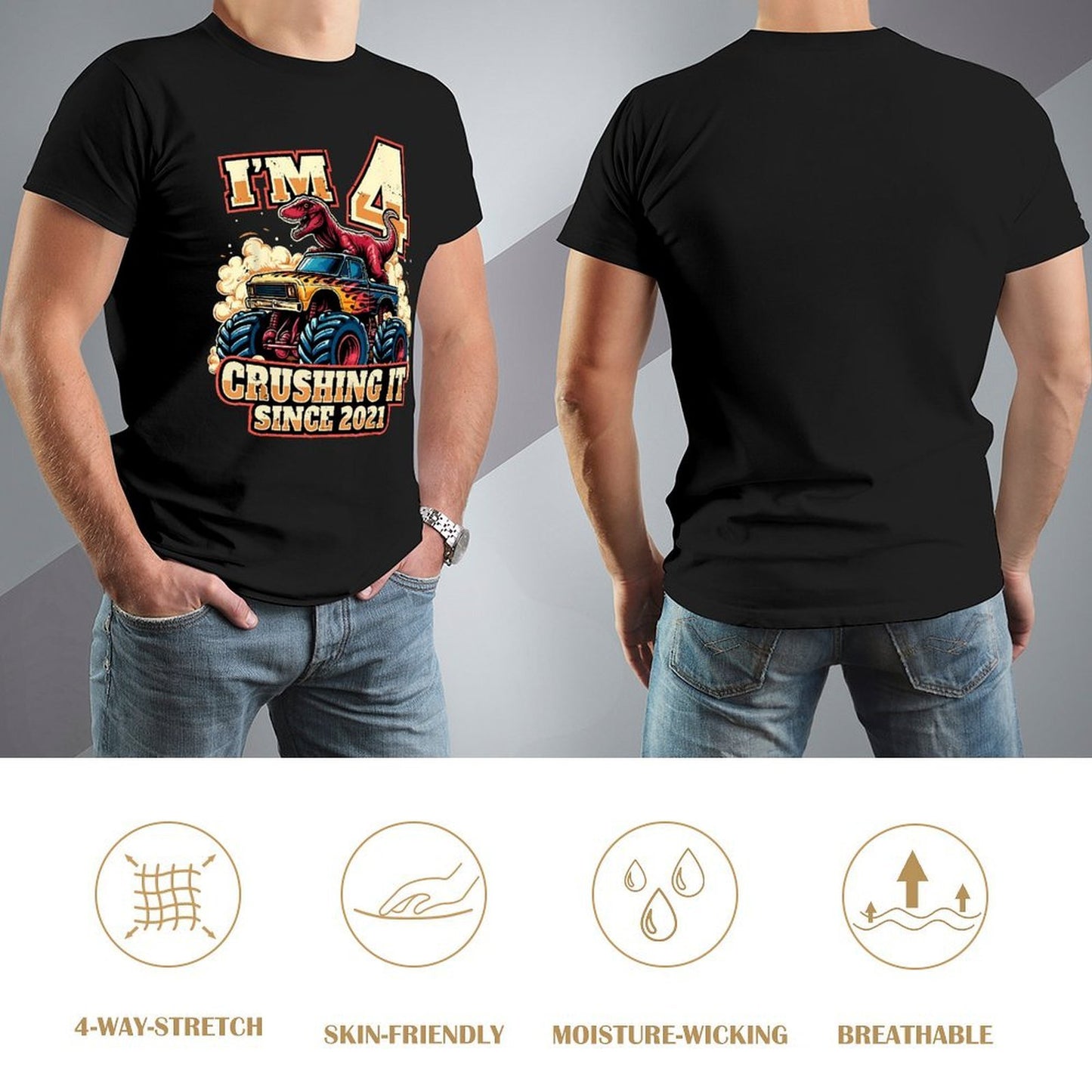 Inkmay Casual Cotton T-shirt Dinosaur Riding Monster Truck Crushing It Unisex T-shirtClassic SoftWear T-Shirt