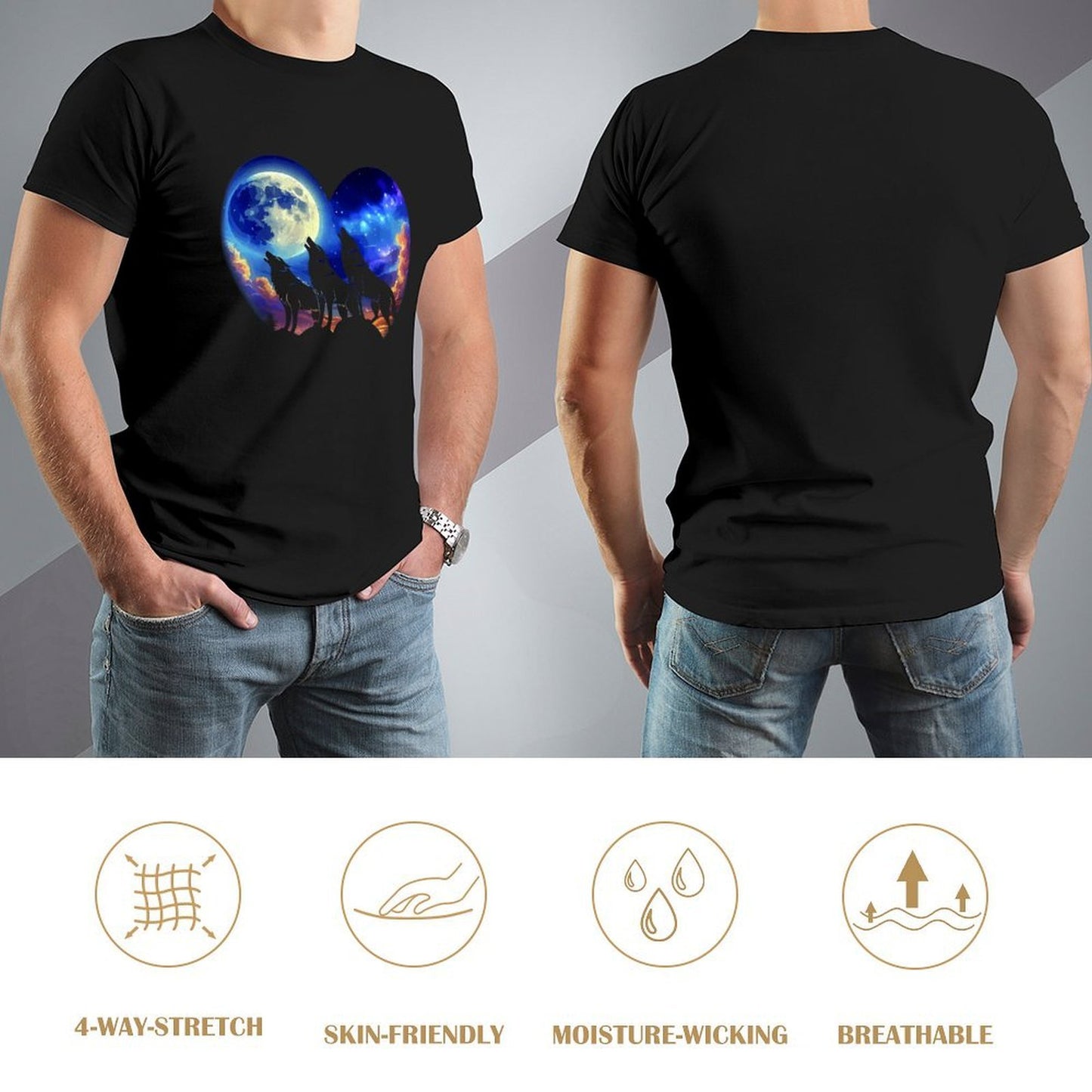 Inkmay Casual Cotton T-shirt Wolves Howling Under Moonlit Night Sky Unisex T-shirtClassicSeries Fade-Proof T-Shirt