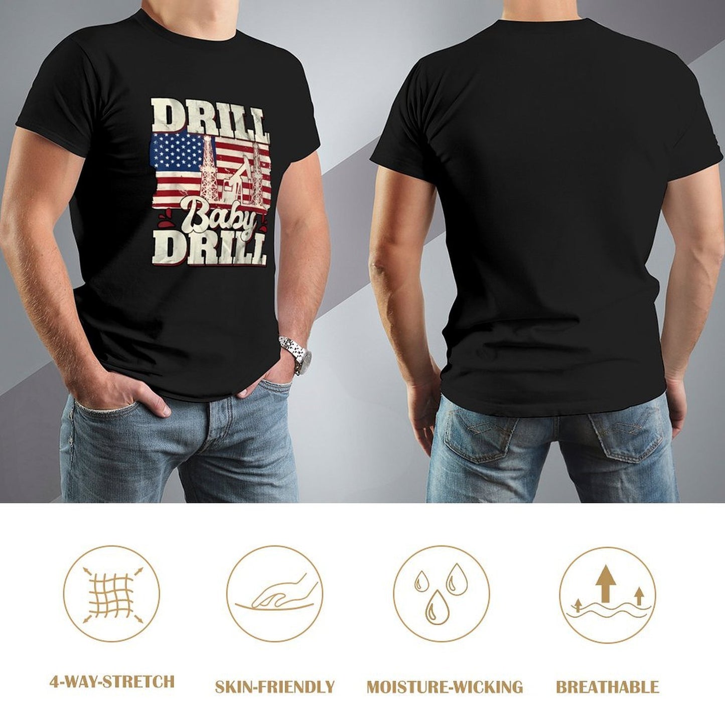 Inkmay Casual Cotton T-shirt Drill Baby Drill Usa Flag Pattern Unisex T-shirtStreetLine Fresh T-Shirt