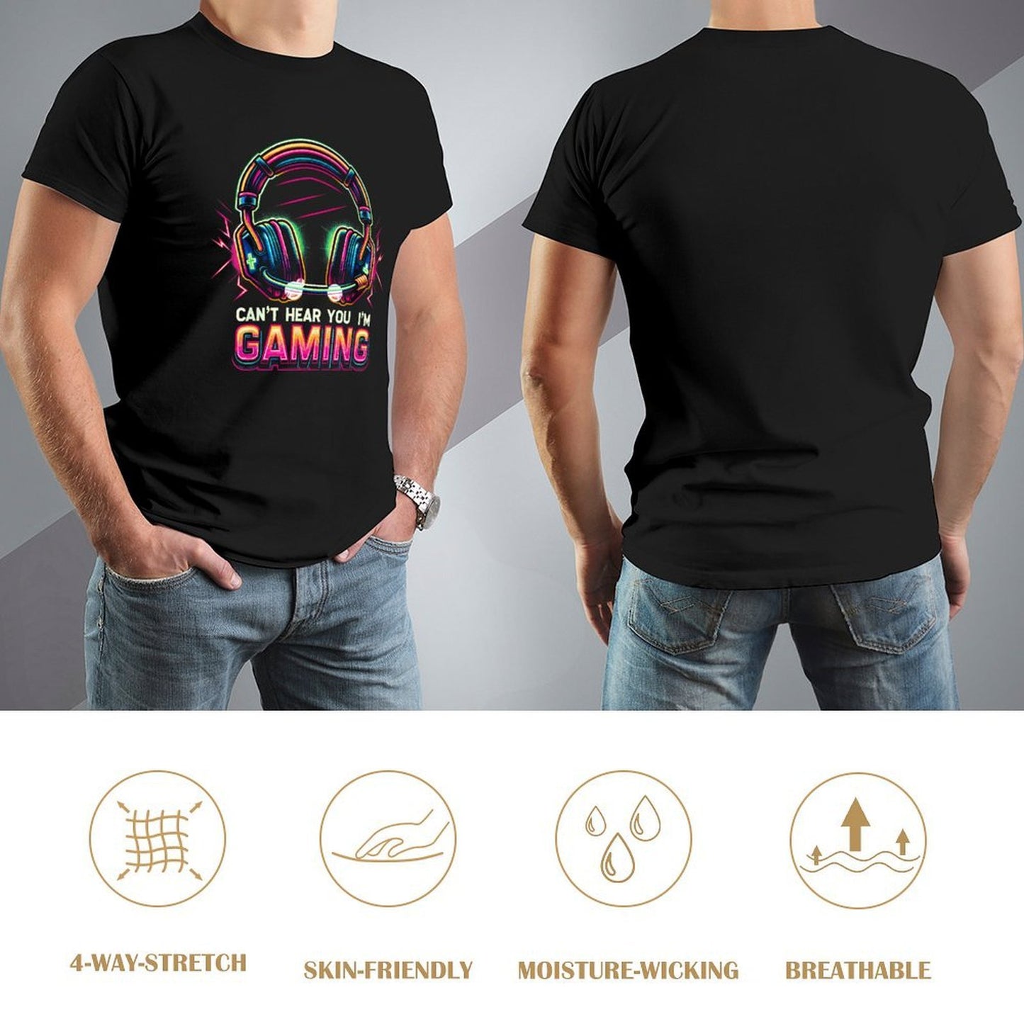 Inkmay Casual Cotton T-shirt Gaming Headphones Neon Colors Bright Design Unisex T-shirtMoisture-Wicking Natural T-Shirt