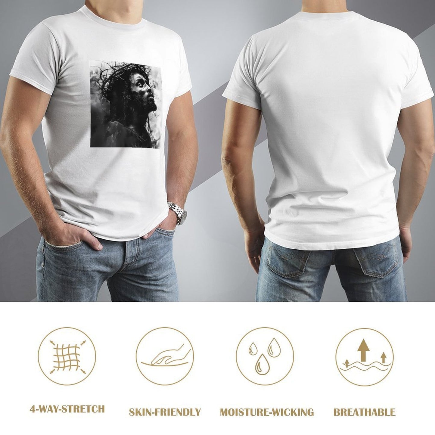 Inkmay Casual Cotton T-shirt Artistic Jesus With Crown Of Thorns Unisex T-shirtClassic Fit Crisp Print T-Shirt