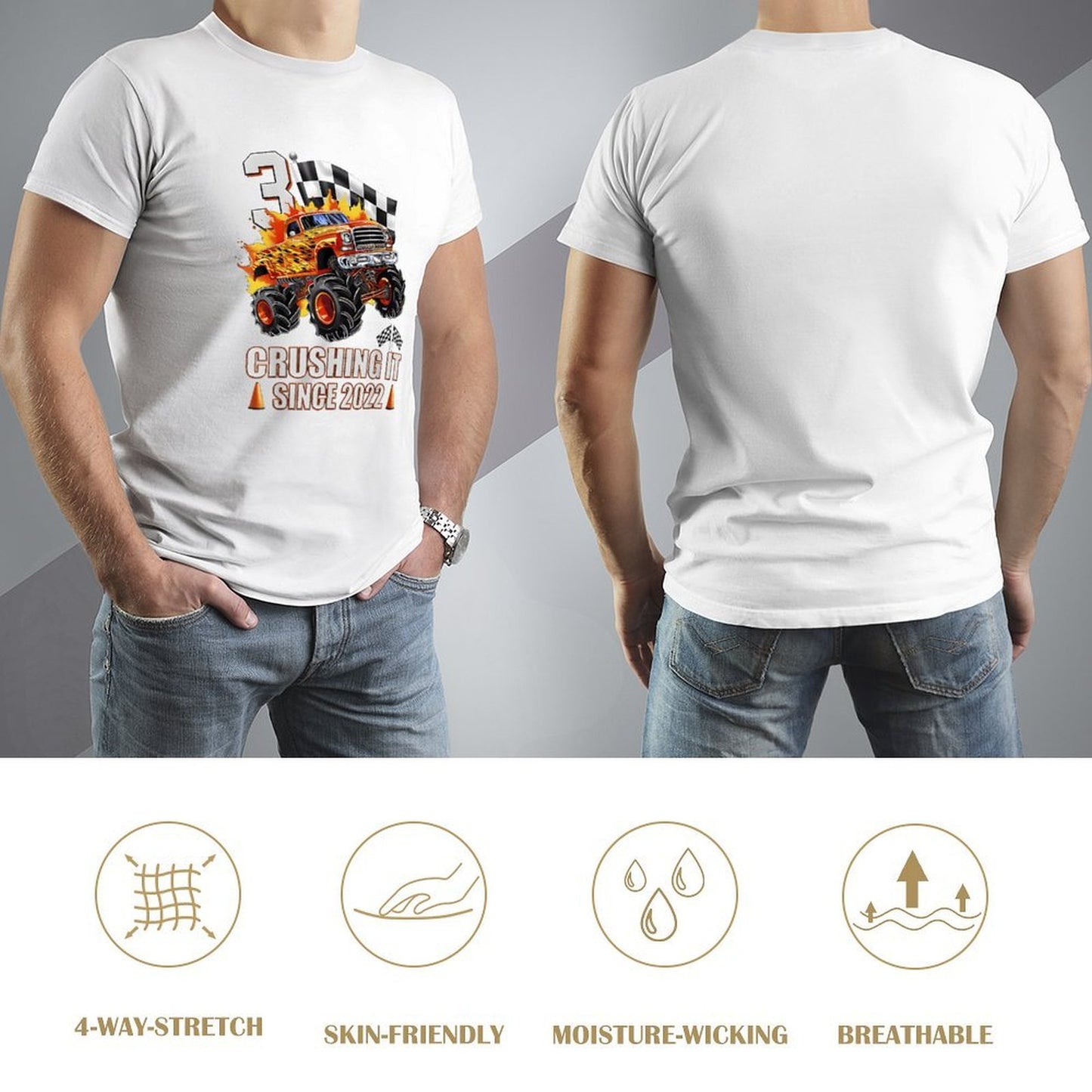 Inkmay Casual Cotton T-shirt Monster Truck With Fire Flames Unisex T-shirtNeutral SoftLine T-Shirt