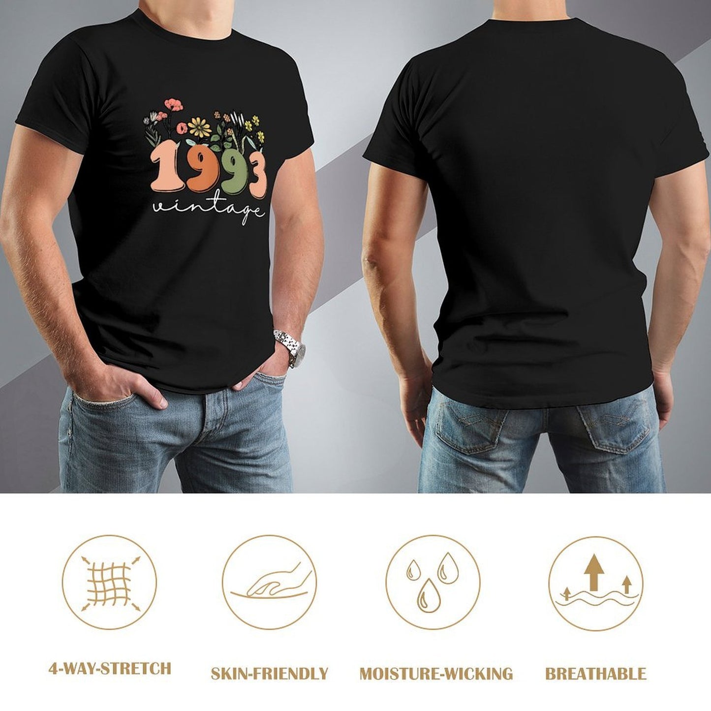 Inkmay Casual Cotton T-shirt Vintage Floral Numbers On Black Background Unisex T-shirtTrueFit Recycled T-Shirt