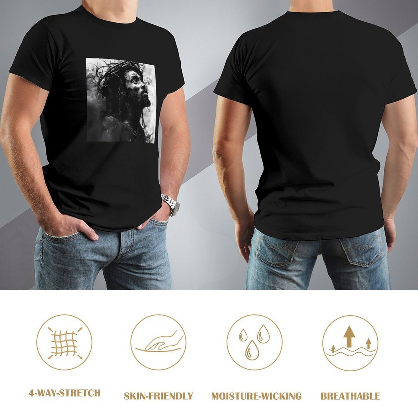 Inkmay Casual Cotton T-shirt Artistic Jesus With Crown Of Thorns Unisex T-shirtClassic Fit Crisp Print T-Shirt