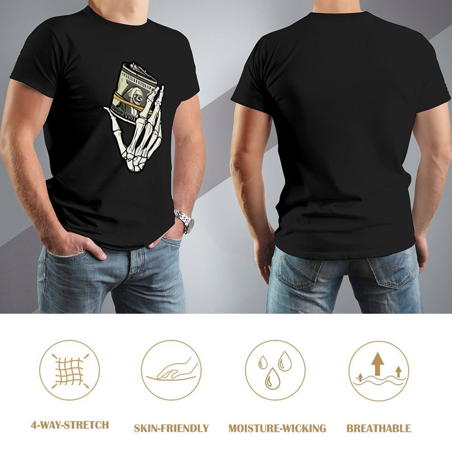 Inkmay Casual Cotton T-shirt Skeleton Hand Holding Film Roll Art Unisex T-shirtChill Colorfast T-Shirt