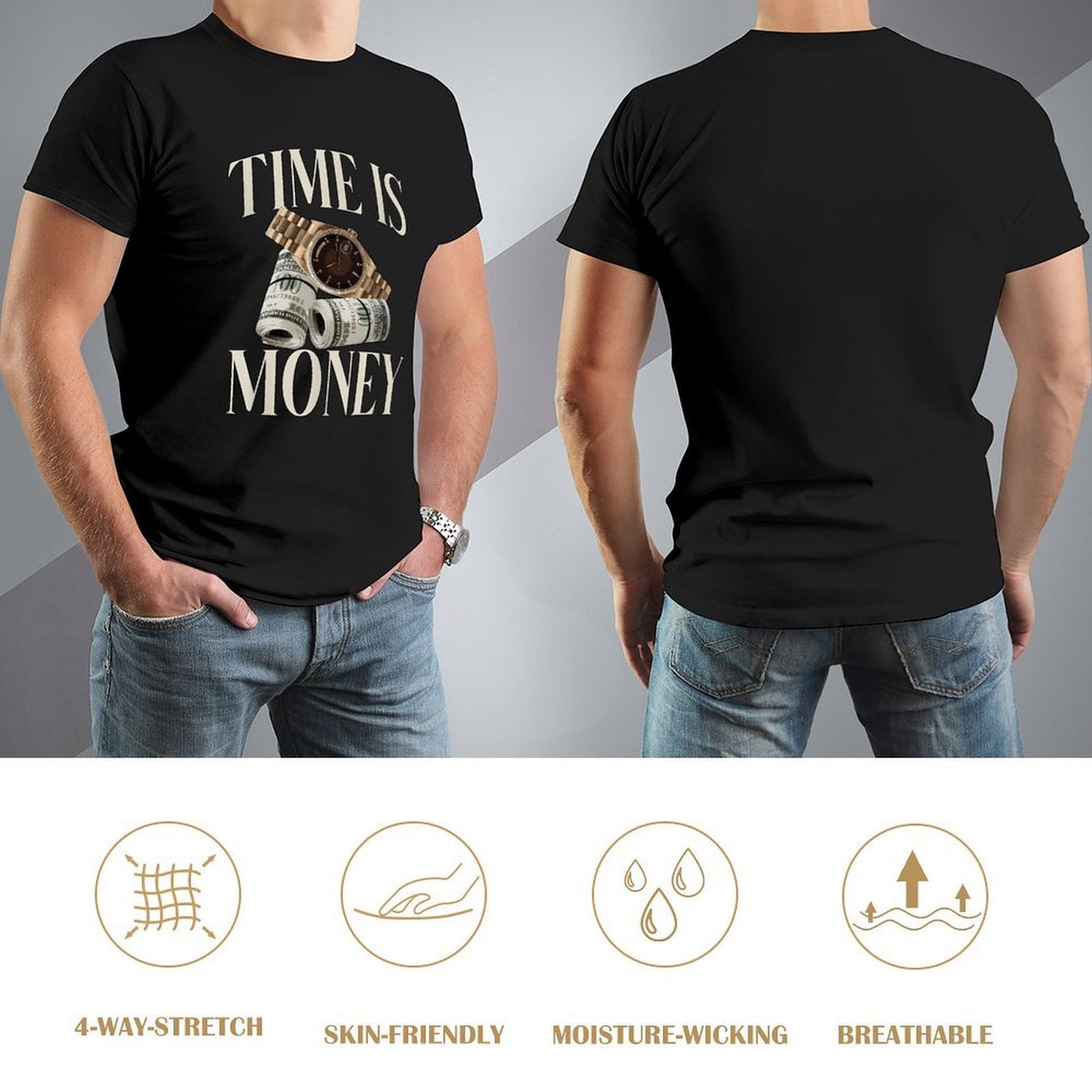 Inkmay Casual Cotton T-shirt Time Is Money Watch And Dollars Unisex T-shirtRetro Original T-Shirt