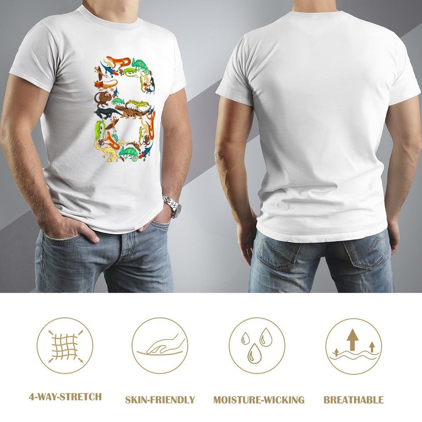 Inkmay Casual Cotton T-shirt Colorful Chameleons In Various Positions Unisex T-shirt