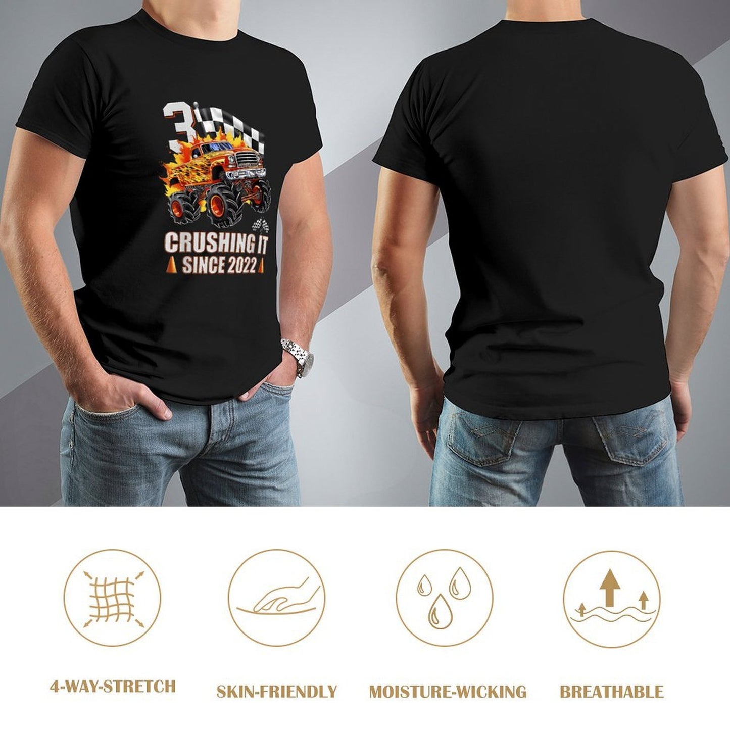Inkmay Casual Cotton T-shirt Monster Truck With Fire Flames Unisex T-shirtNeutral SoftLine T-Shirt
