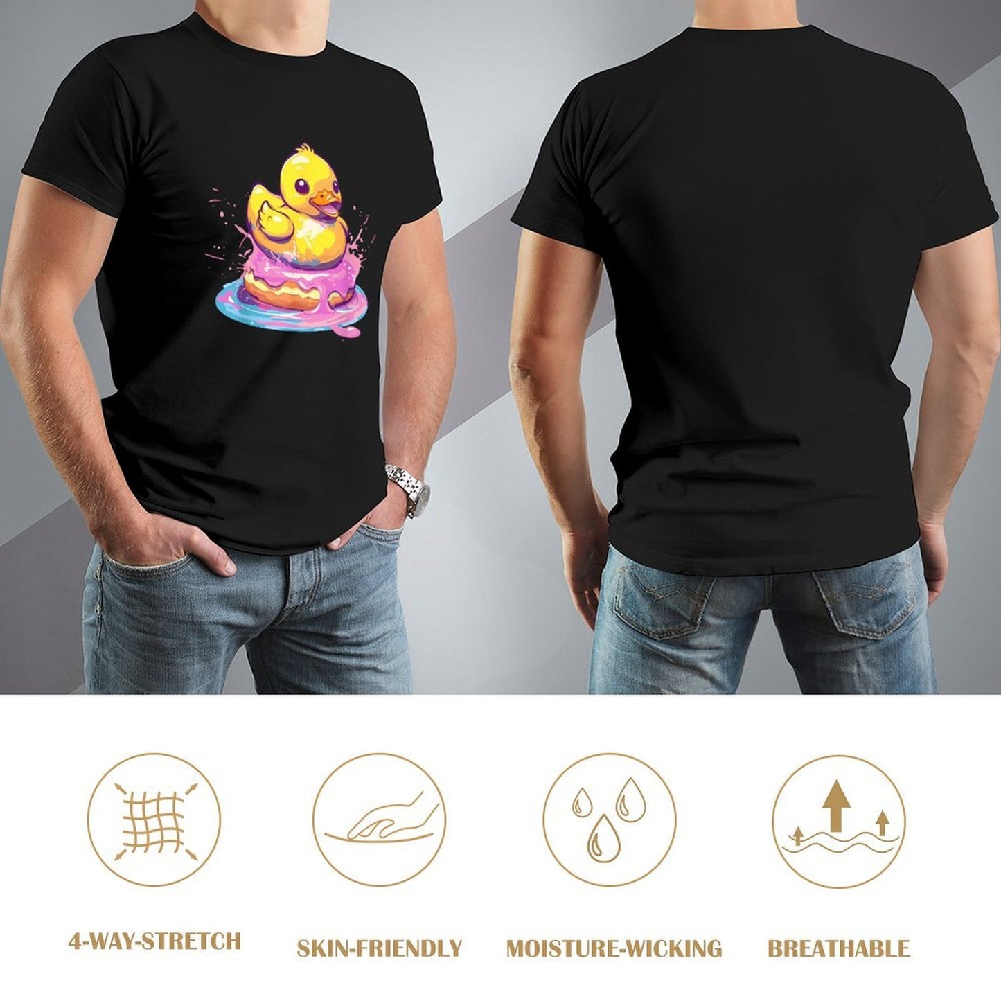 Inkmay Casual Cotton T-shirt Bright Yellow Duck Splashing In Water Unisex T-shirt