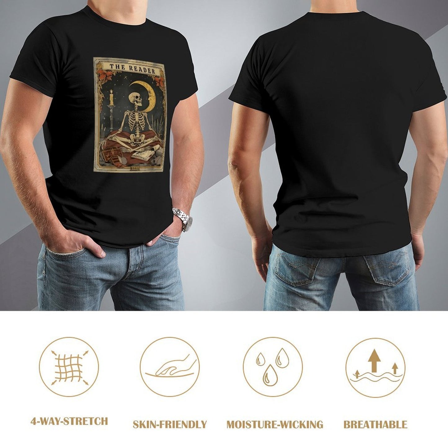 Inkmay Casual Cotton T-shirt The Reader Skeleton With Crescent Moon Unisex T-shirtSimpleFit RelaxFit T-Shirt